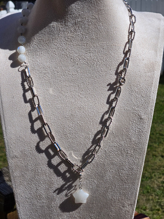 Indian Moonstone Necklace and Bracelet Set with Moonstone Star and Paperclip Chain Accents