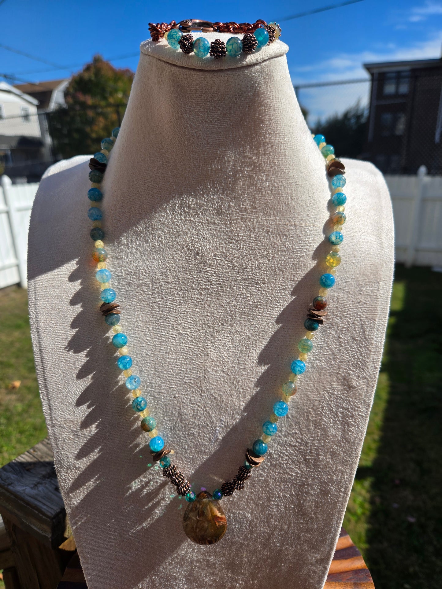 Dragon Vein Agate Necklace and Bracelet Set with Teardrop Phantom Quartz, Bronze, and Crystal Accents