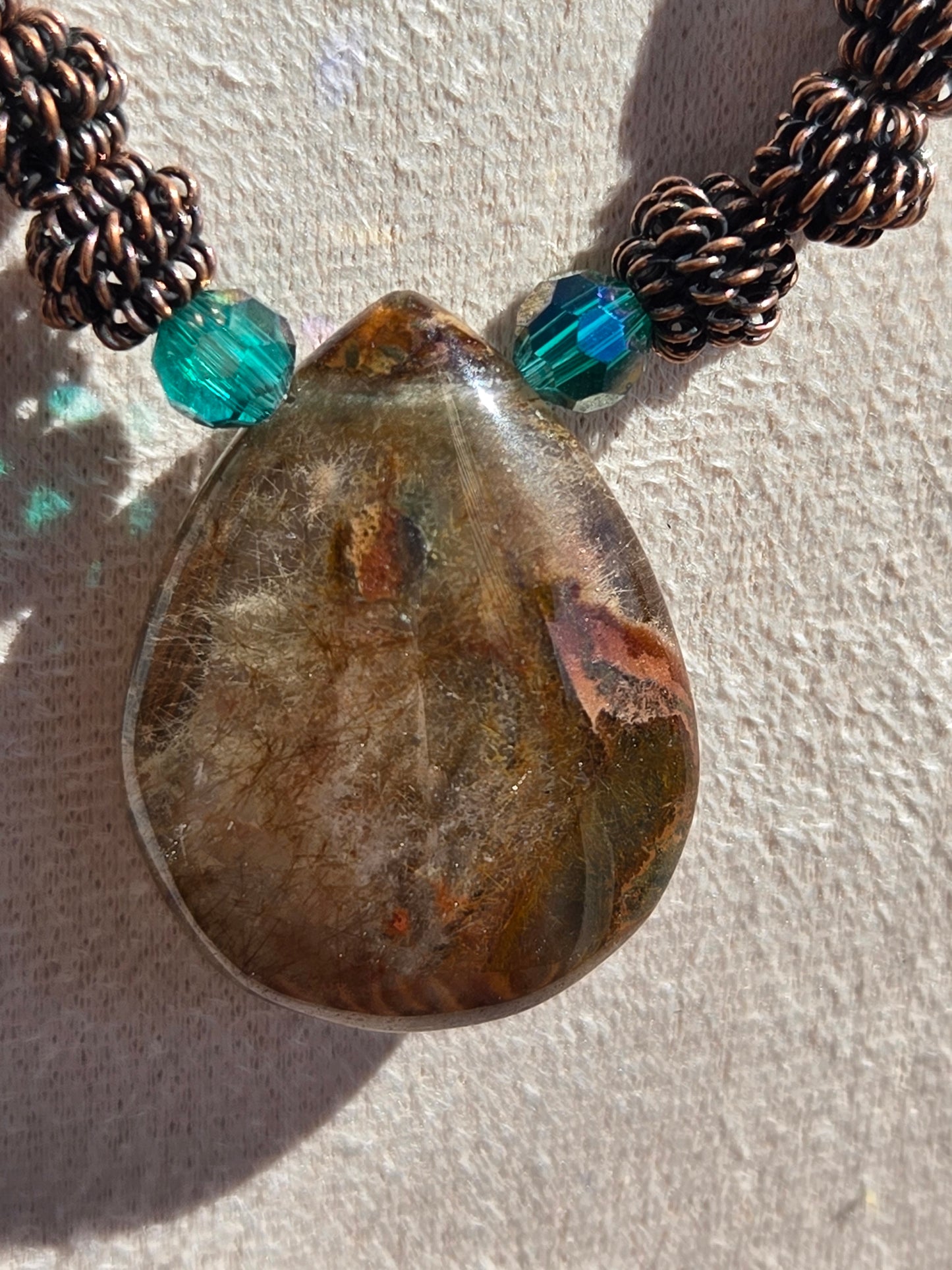 Dragon Vein Agate Necklace and Bracelet Set with Teardrop Phantom Quartz, Bronze, and Crystal Accents