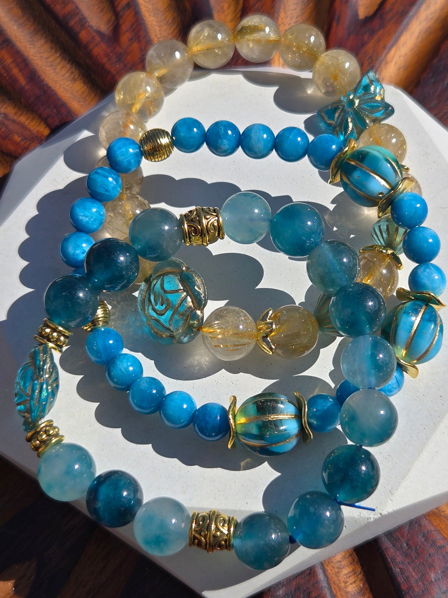 Blue Czech Glass and Golden Rutilated Quartz Stack of 3 Bracelets with Flower and Butterfly Glass Charms