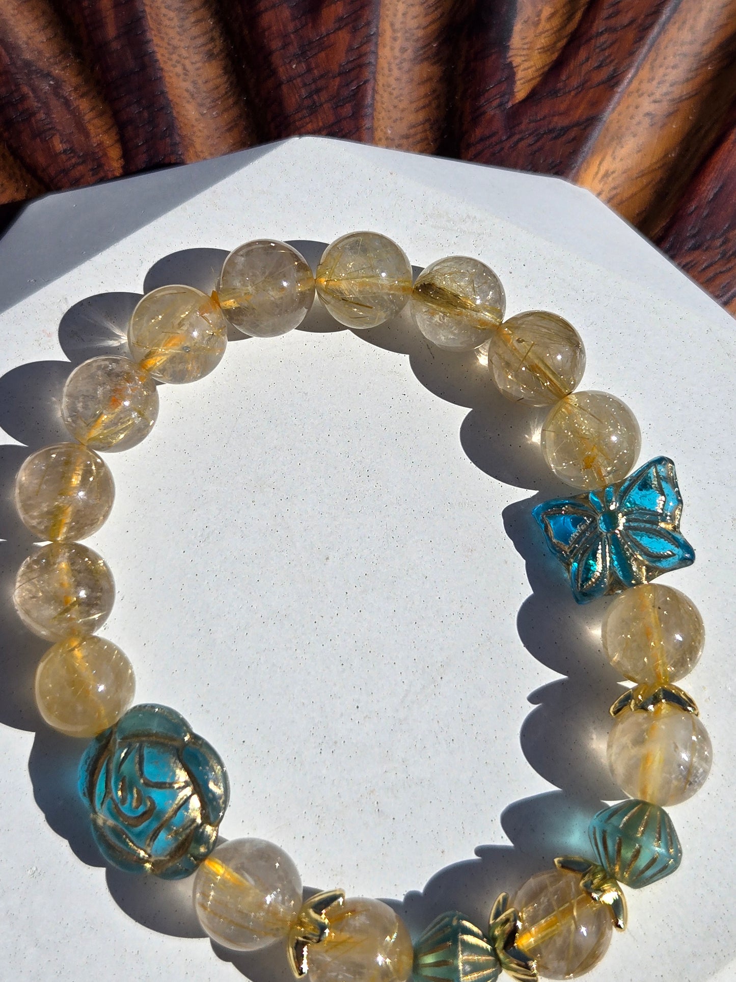 Blue Czech Glass and Golden Rutilated Quartz Stack of 3 Bracelets with Flower and Butterfly Glass Charms