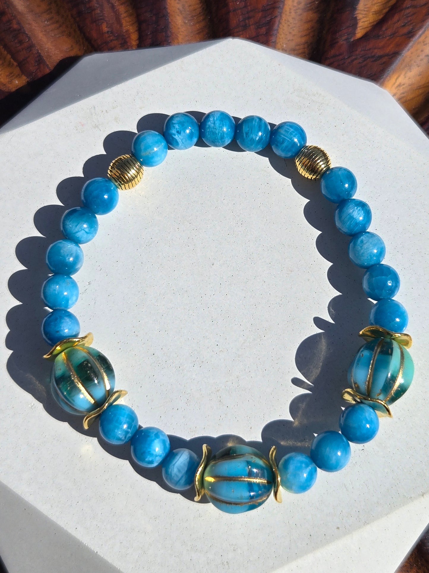 Blue Czech Glass and Golden Rutilated Quartz Stack of 3 Bracelets with Flower and Butterfly Glass Charms