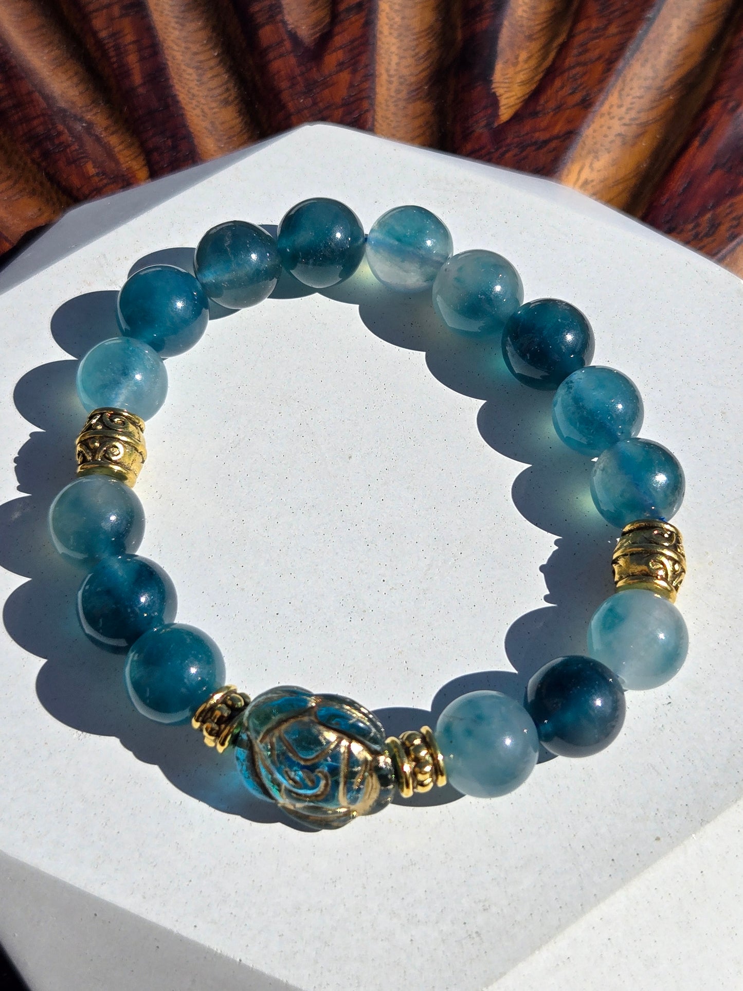 Blue Czech Glass and Golden Rutilated Quartz Stack of 3 Bracelets with Flower and Butterfly Glass Charms