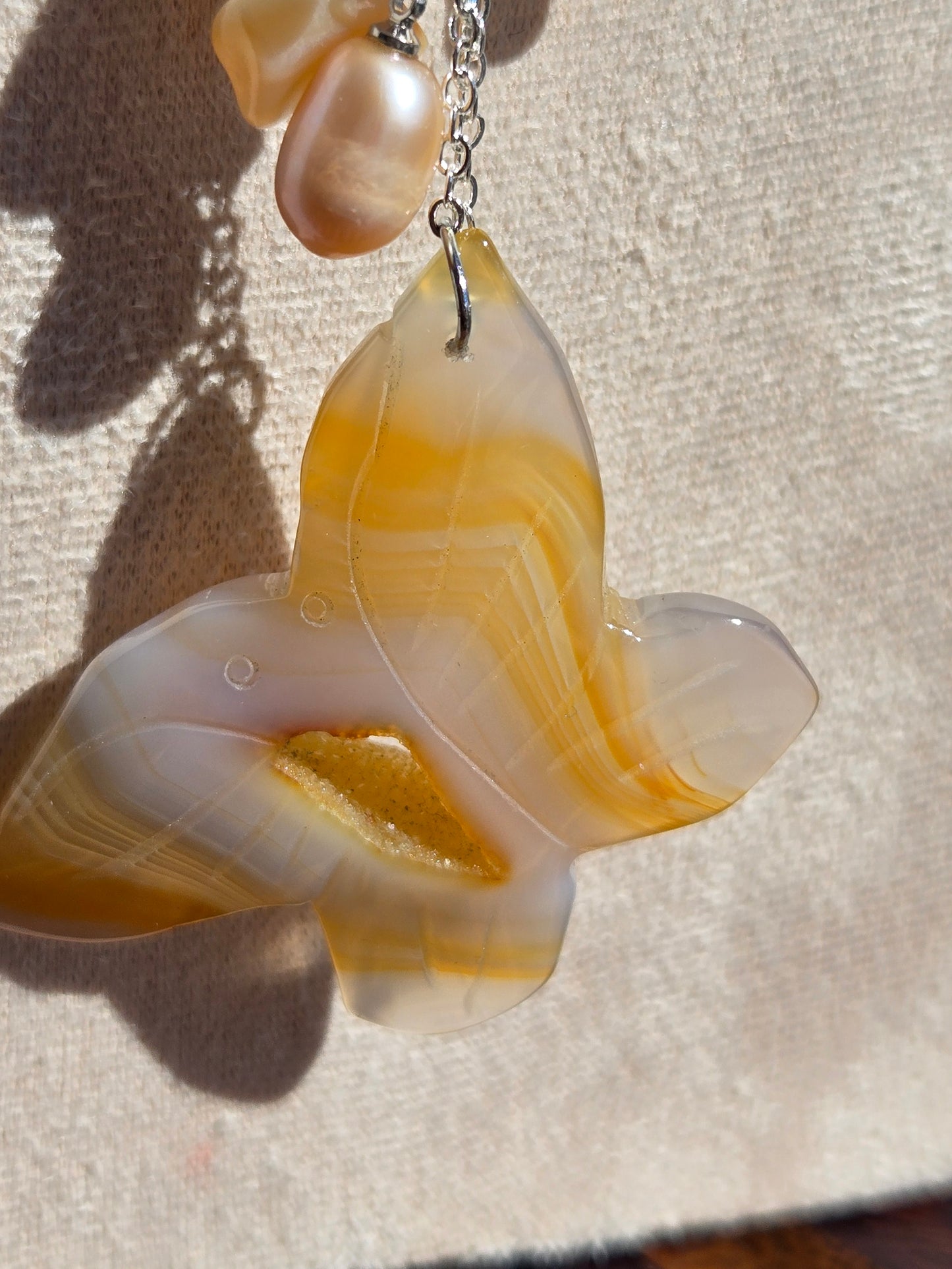 Unique Drusy Butterfly and Freeform Shell Bead Necklace