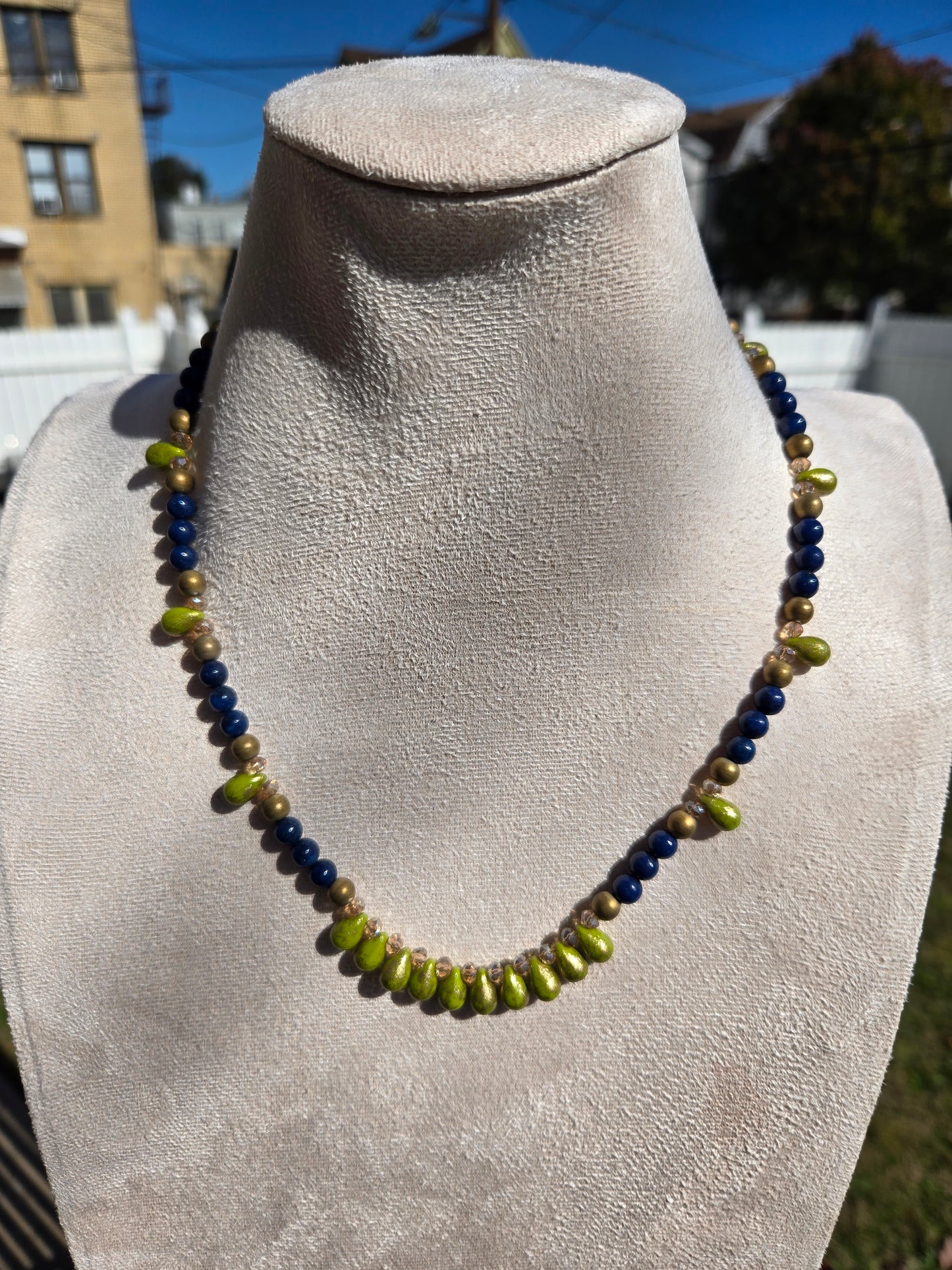 Lapis Lazuli and Green Czech Glass Necklace with Antique Gold Accents