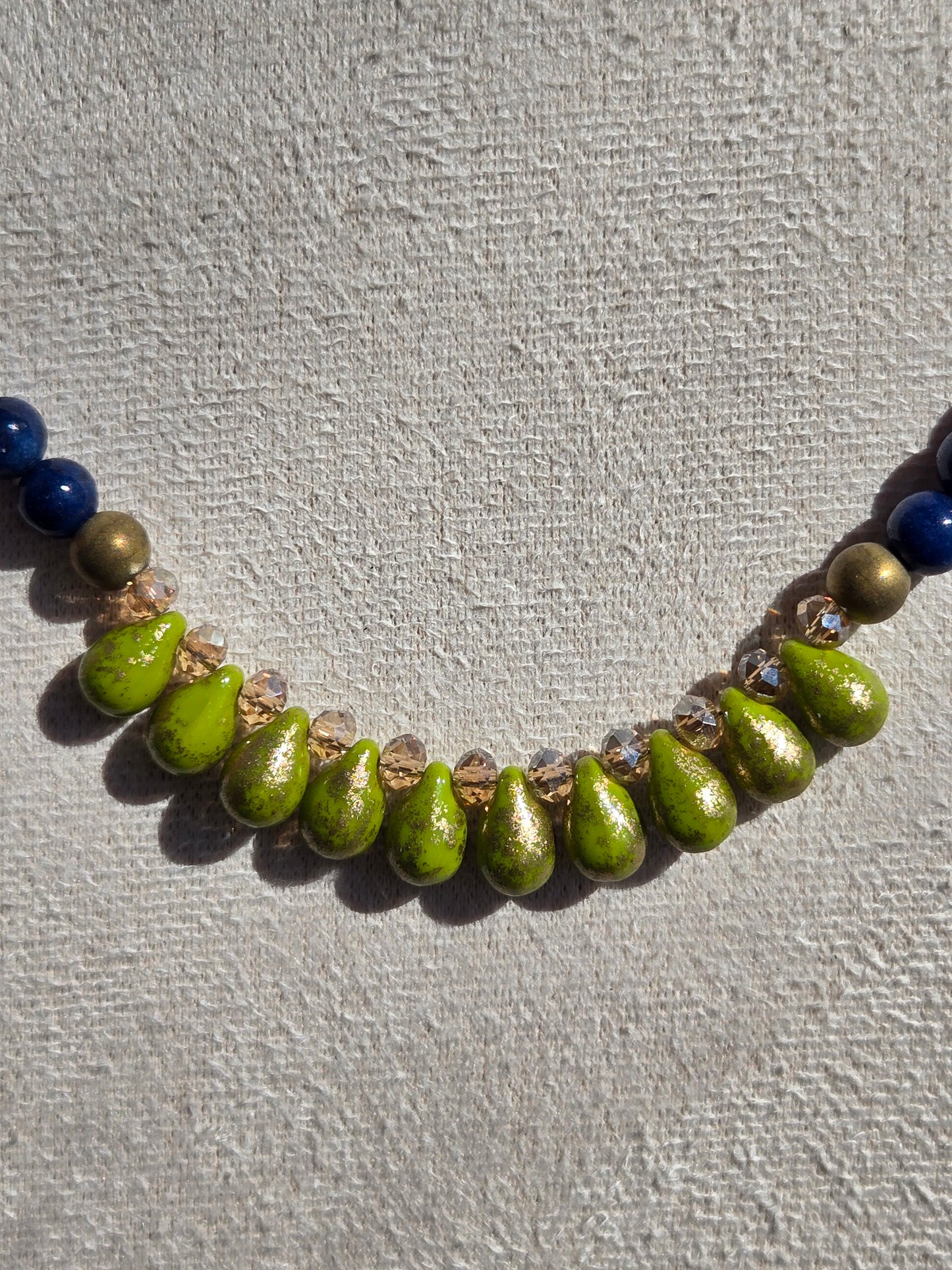 Lapis Lazuli and Green Czech Glass Necklace with Antique Gold Accents