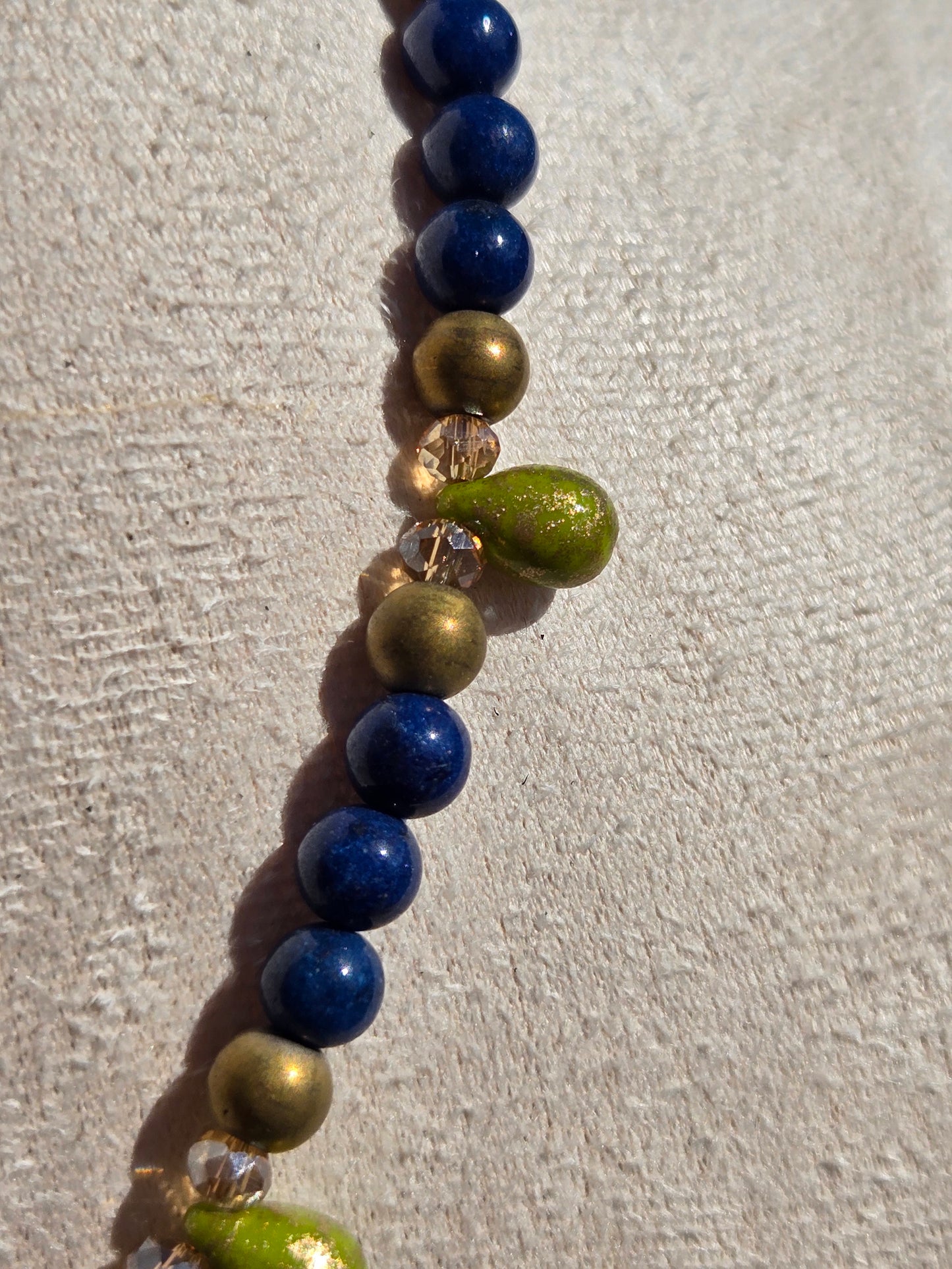Lapis Lazuli and Green Czech Glass Necklace with Antique Gold Accents