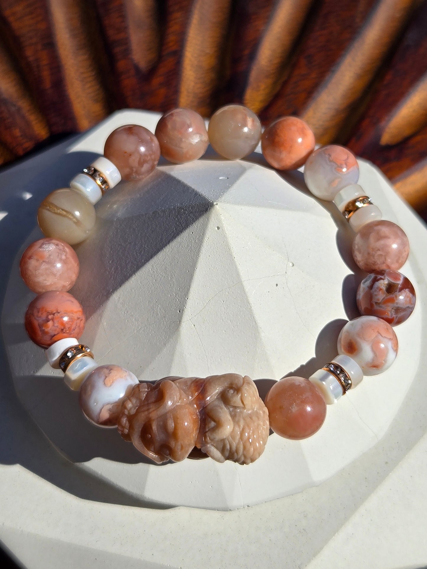 Cotton Candy Agate and White Shell bracelet with Alashan Mermaid Charm