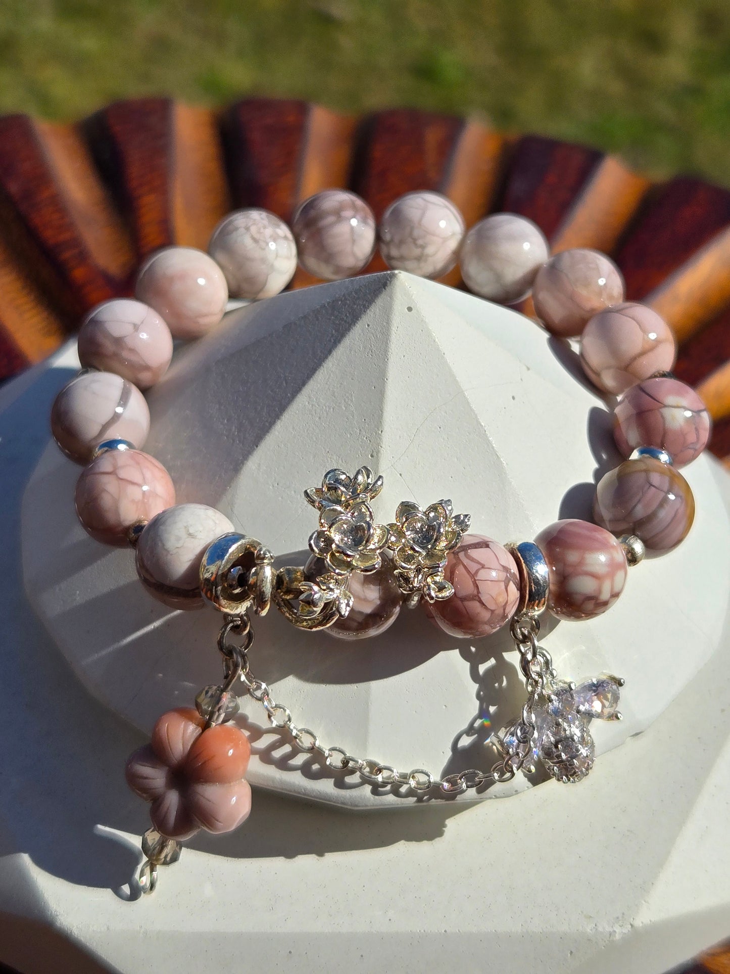 Pink Crackle Alashan Bracelet with Flower Charm Accents and Dangle Alashan Flower Charm