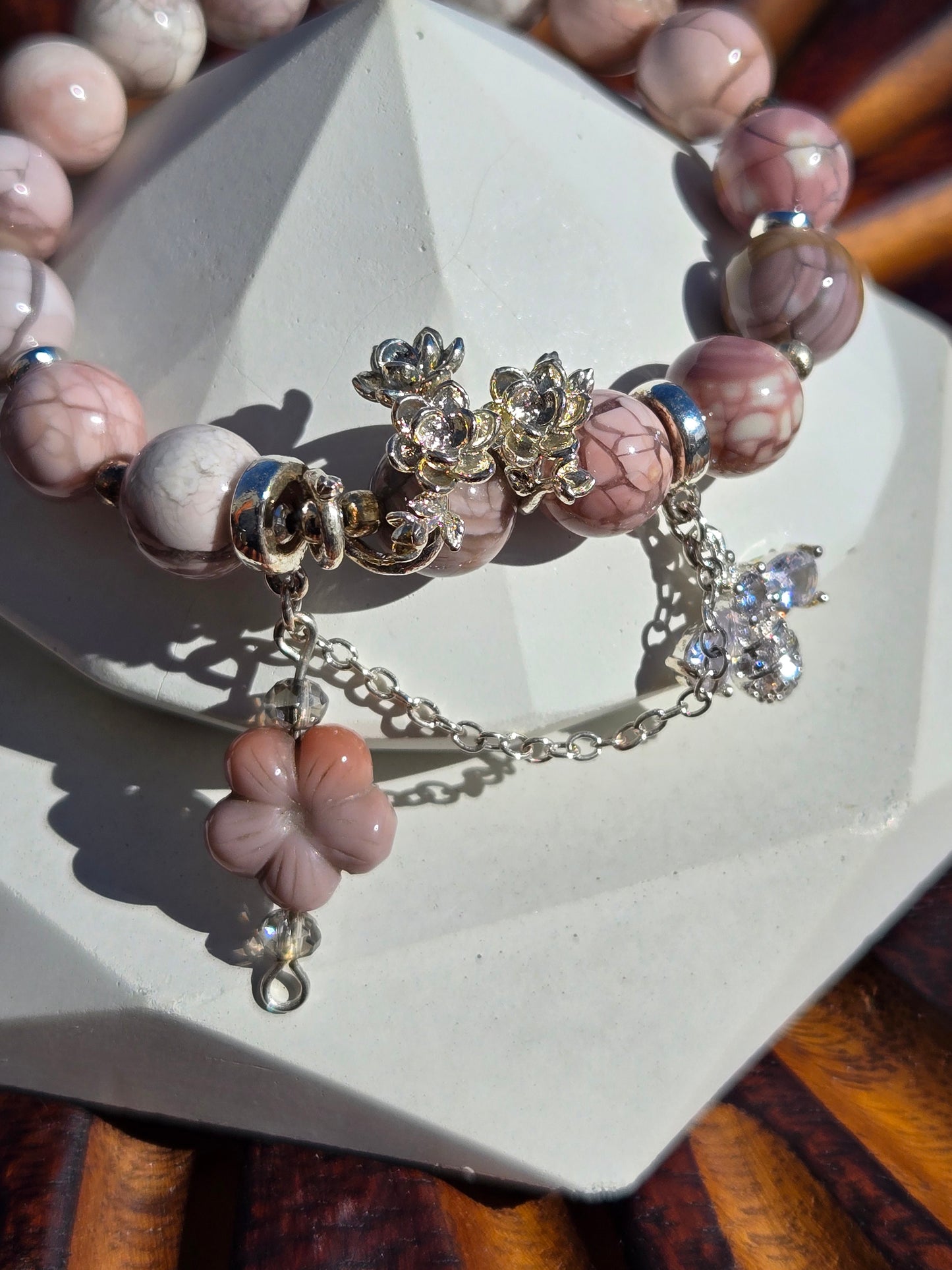 Pink Crackle Alashan Bracelet with Flower Charm Accents and Dangle Alashan Flower Charm
