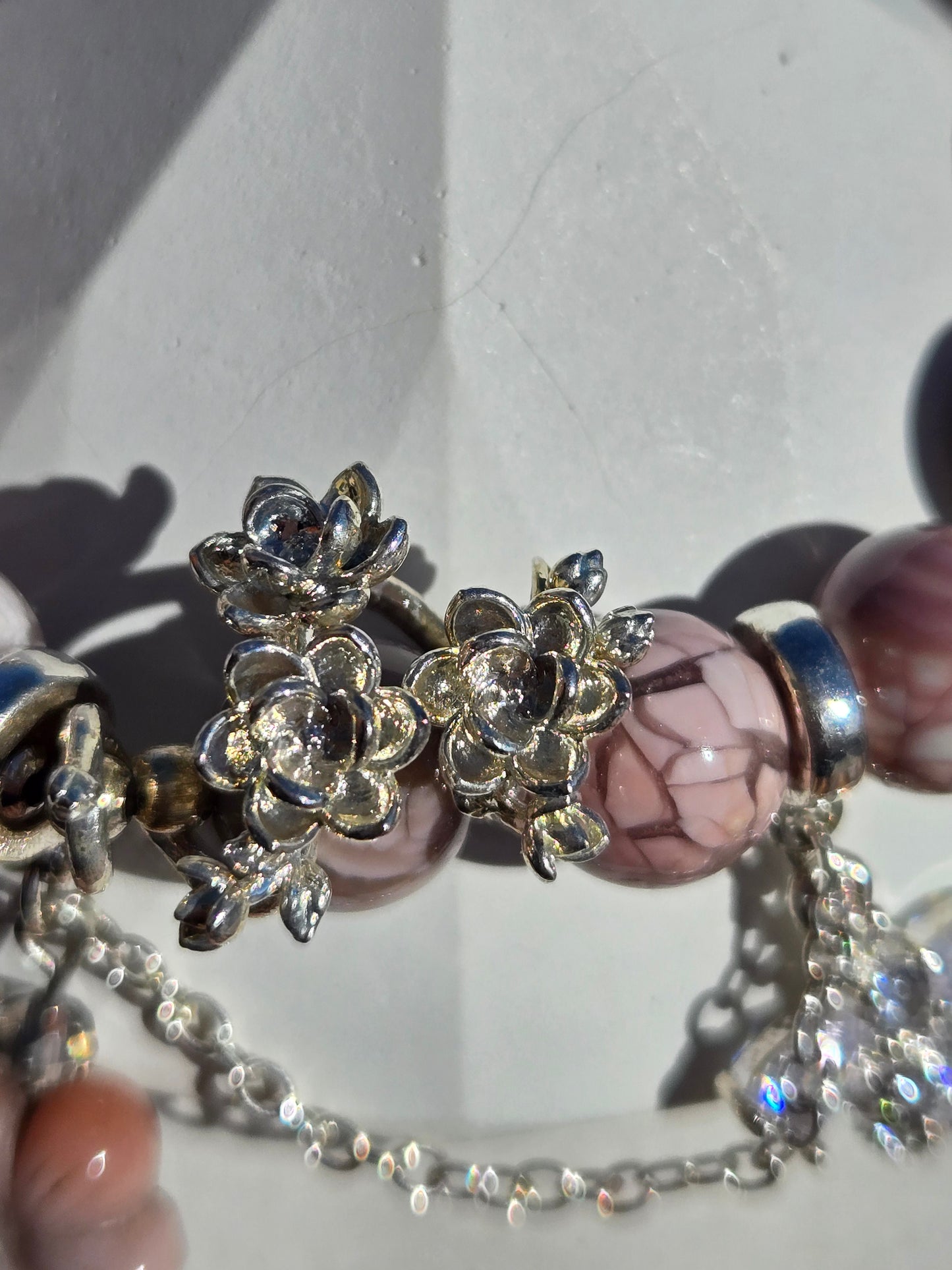 Pink Crackle Alashan Bracelet with Flower Charm Accents and Dangle Alashan Flower Charm
