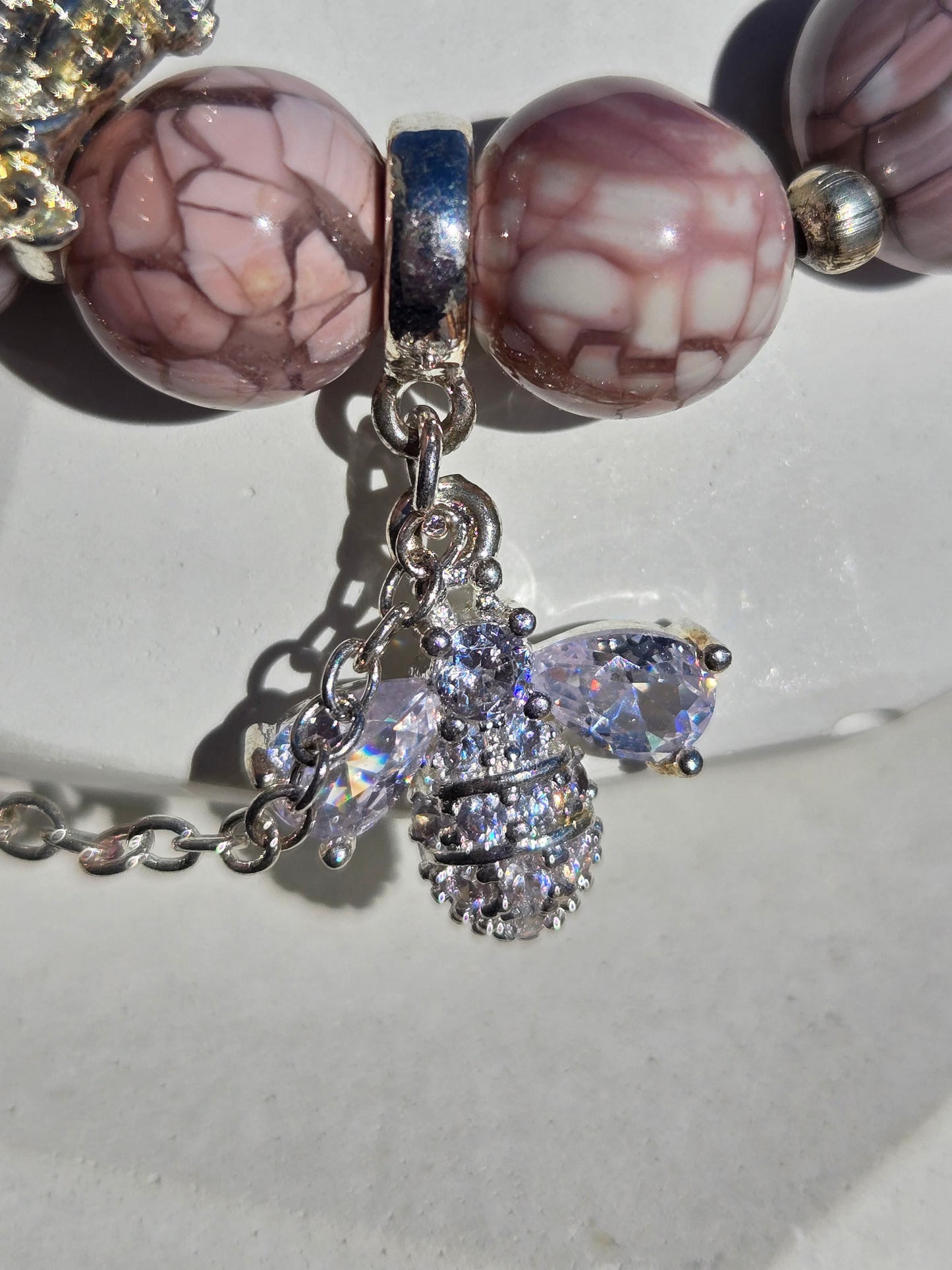 Pink Crackle Alashan Bracelet with Flower Charm Accents and Dangle Alashan Flower Charm