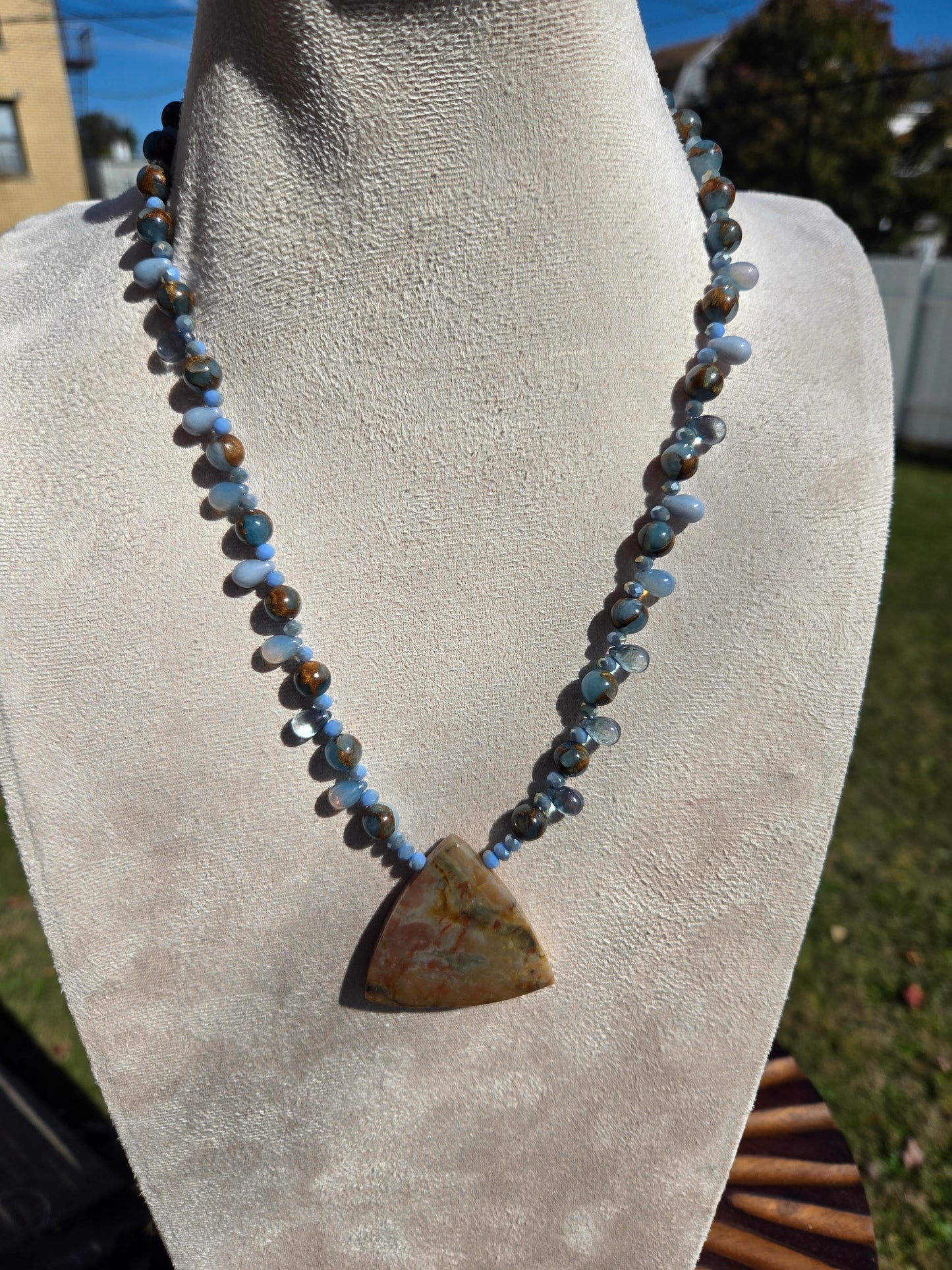 Blue Agate Necklace with Teardrop Czech Glass Beads and Triangle Jasper Pendant