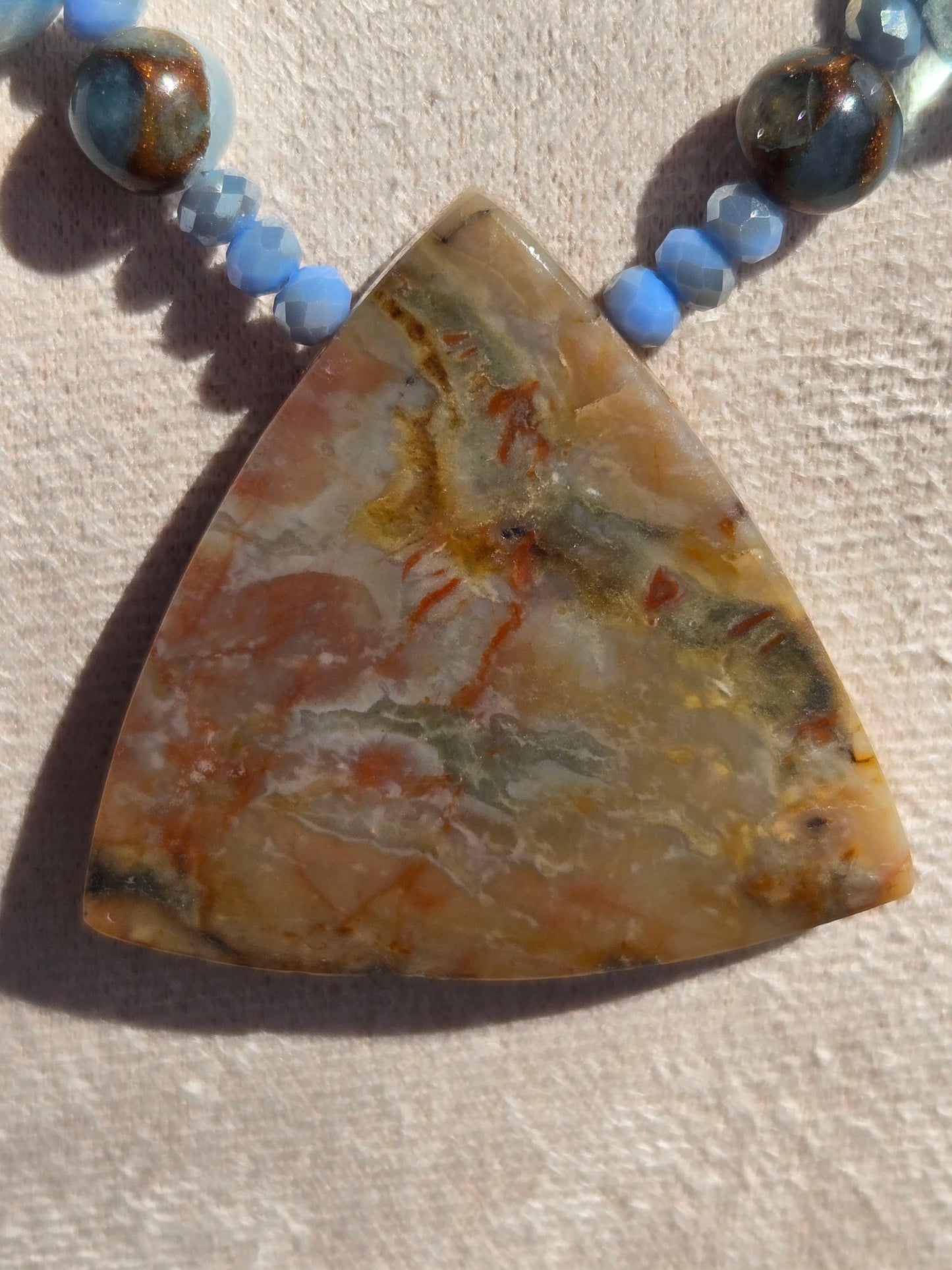 Blue Agate Necklace with Teardrop Czech Glass Beads and Triangle Jasper Pendant