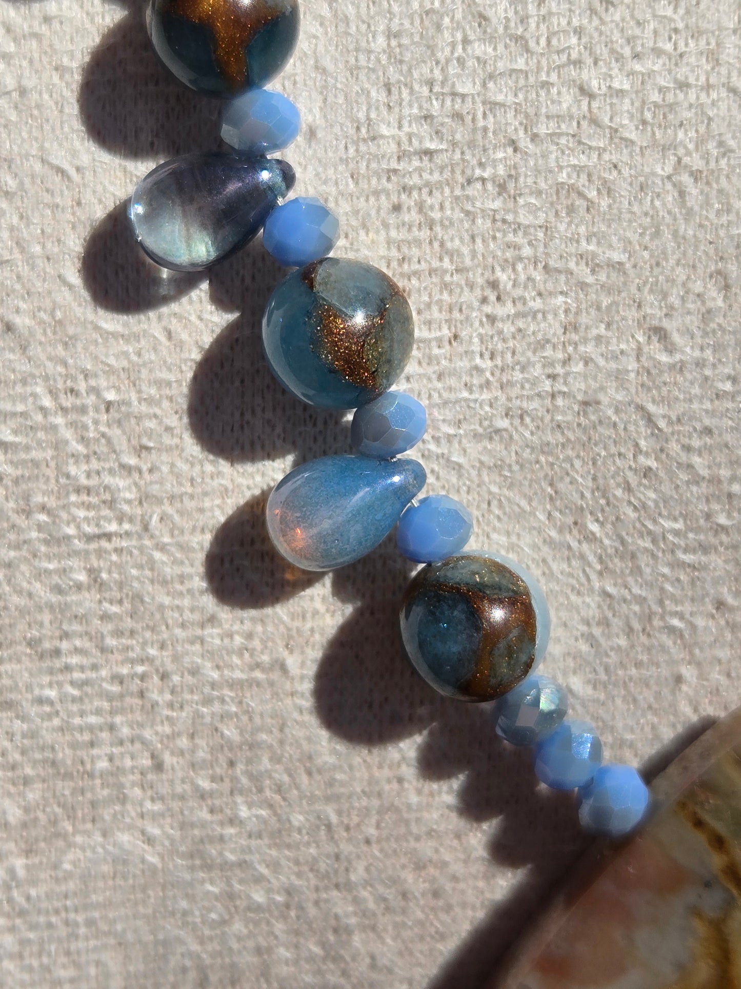 Blue Agate Necklace with Teardrop Czech Glass Beads and Triangle Jasper Pendant