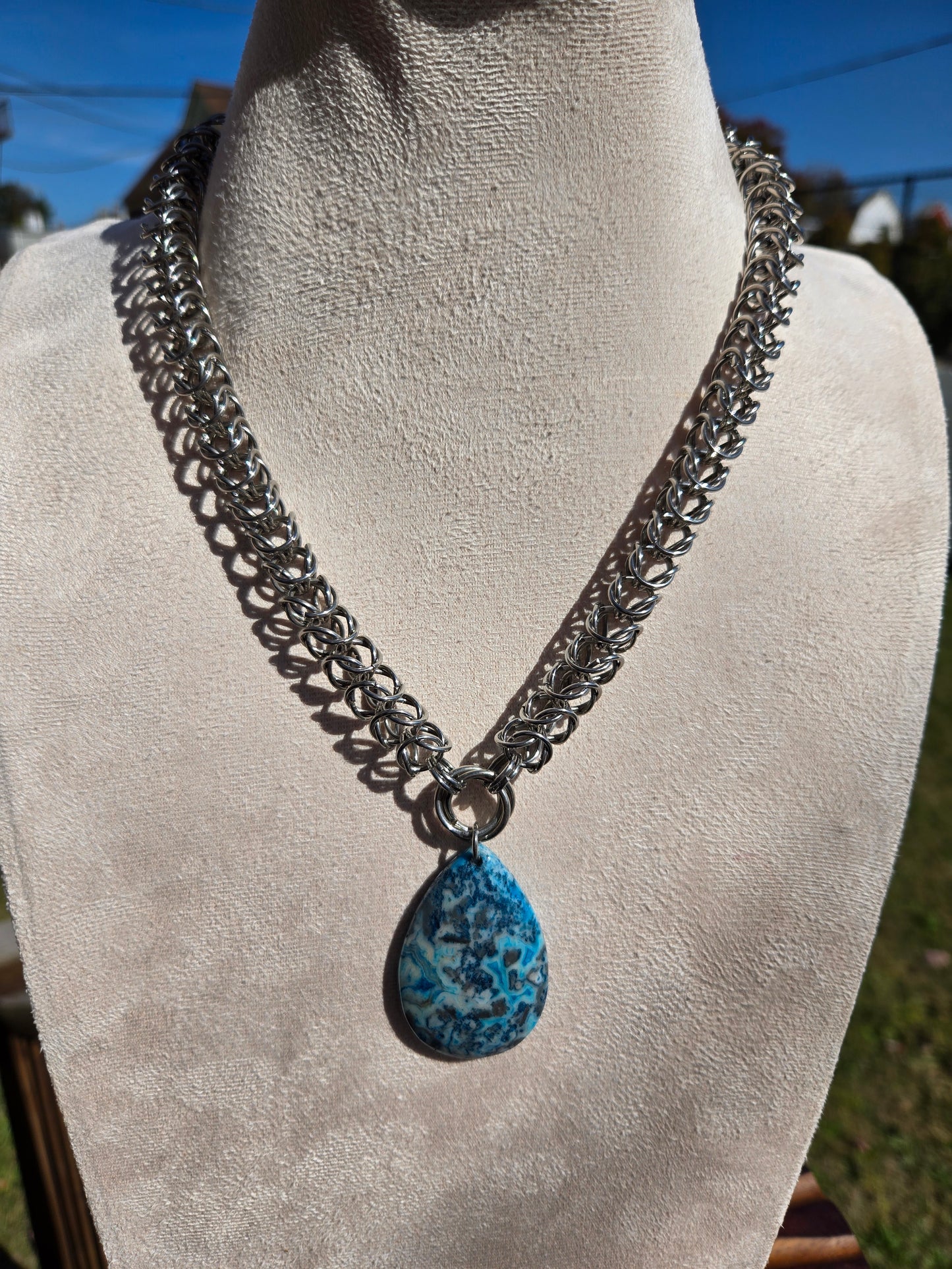 Stainless Steel Chainmail Necklace with Sodalite Teardrop Pendant
