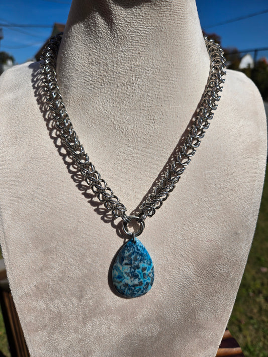 Stainless Steel Chainmail Necklace with Sodalite Teardrop Pendant