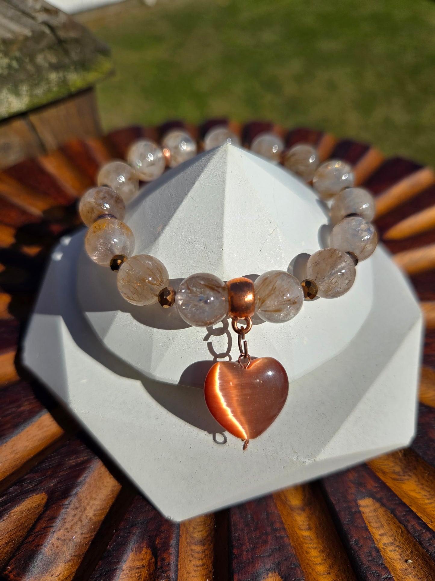 Copper Rutilated Quartz Bracelet with Copper Heart Dangle Charm