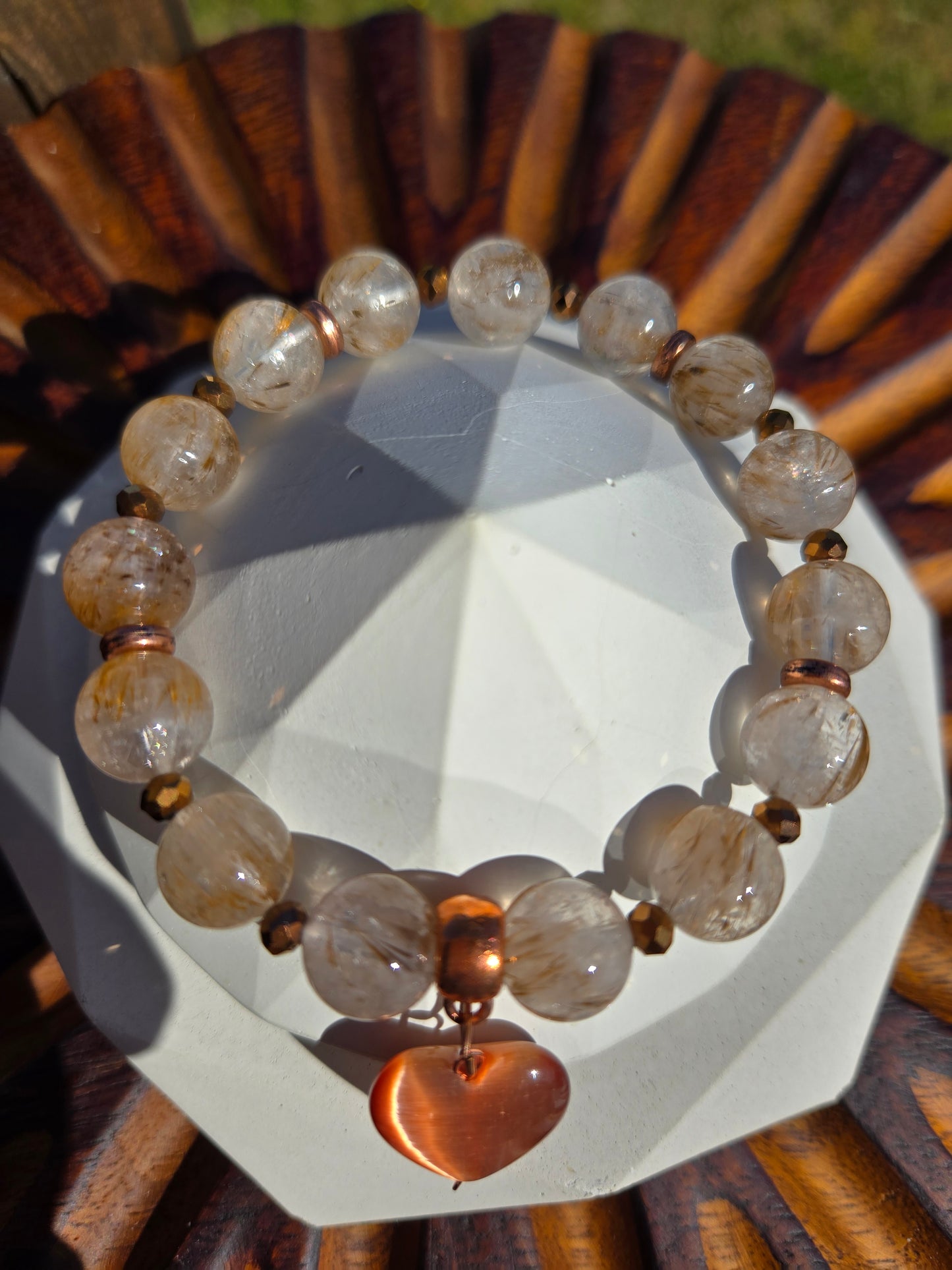 Copper Rutilated Quartz Bracelet with Copper Heart Dangle Charm