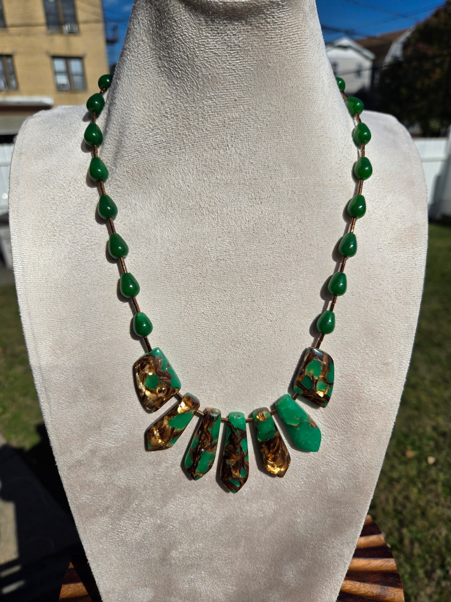 Green Agate Necklace with Unique-Shaped Green Agate Beads and Copper Tone Accents