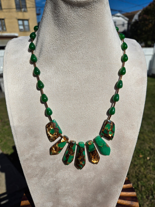 Green Agate Necklace with Unique-Shaped Green Agate Beads and Copper Tone Accents
