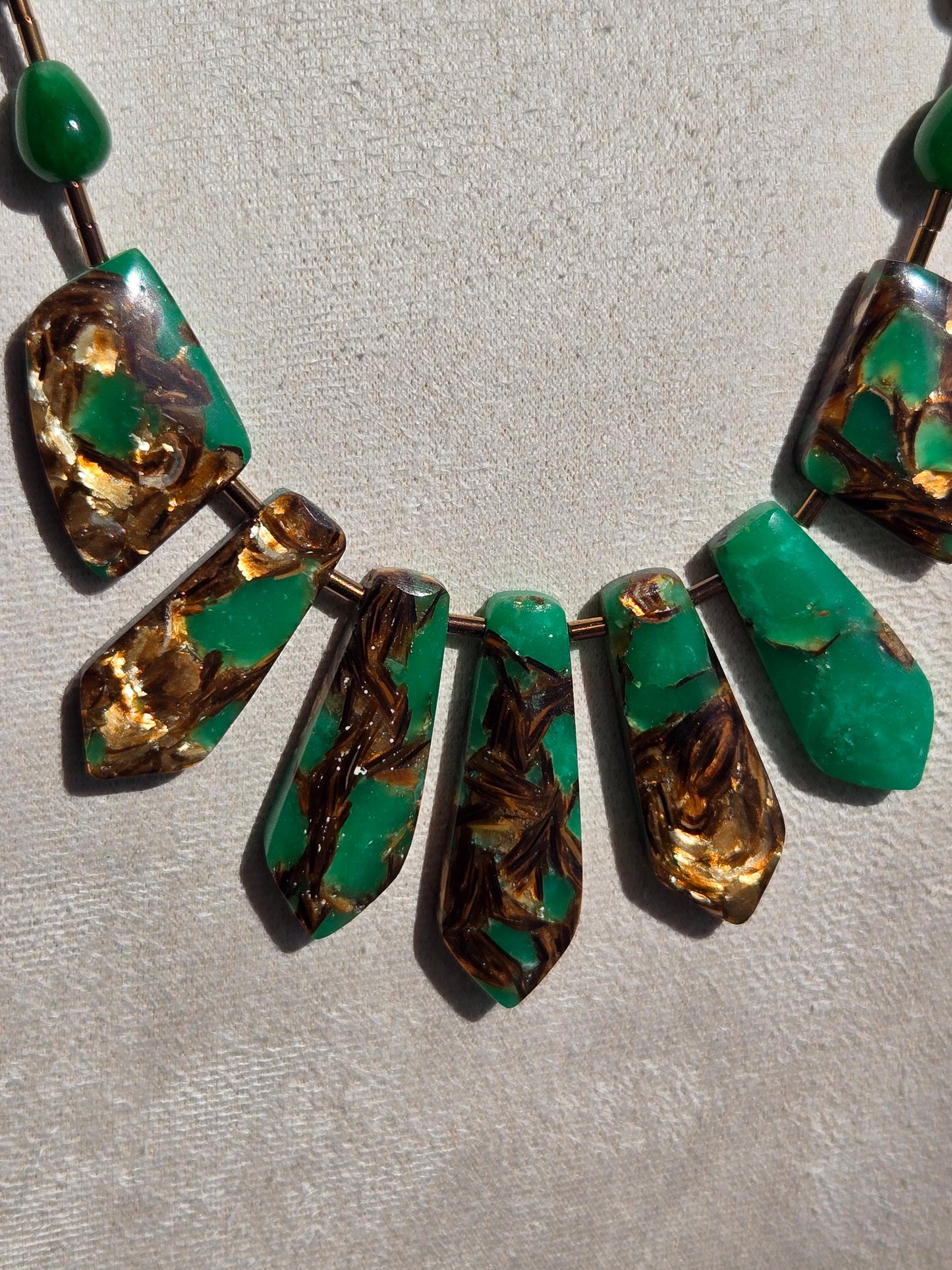 Green Agate Necklace with Unique-Shaped Green Agate Beads and Copper Tone Accents
