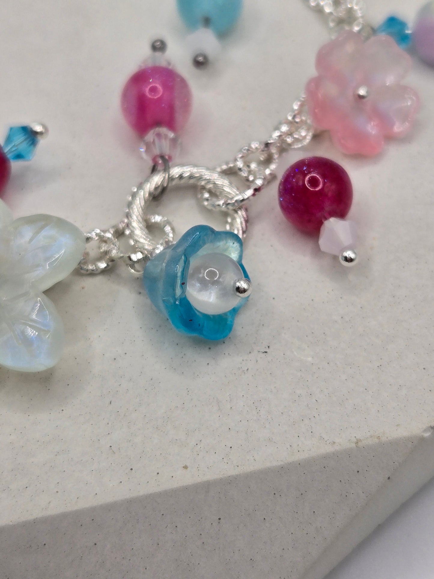 Fun Glass Dangle Flower Bracelet with Silver-Tone Chain
