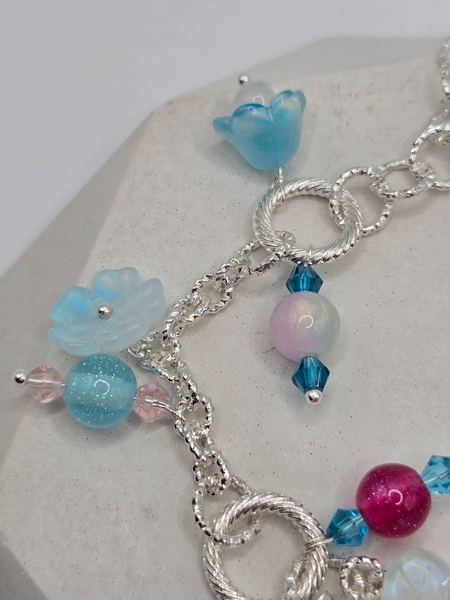 Fun Glass Dangle Flower Bracelet with Silver-Tone Chain
