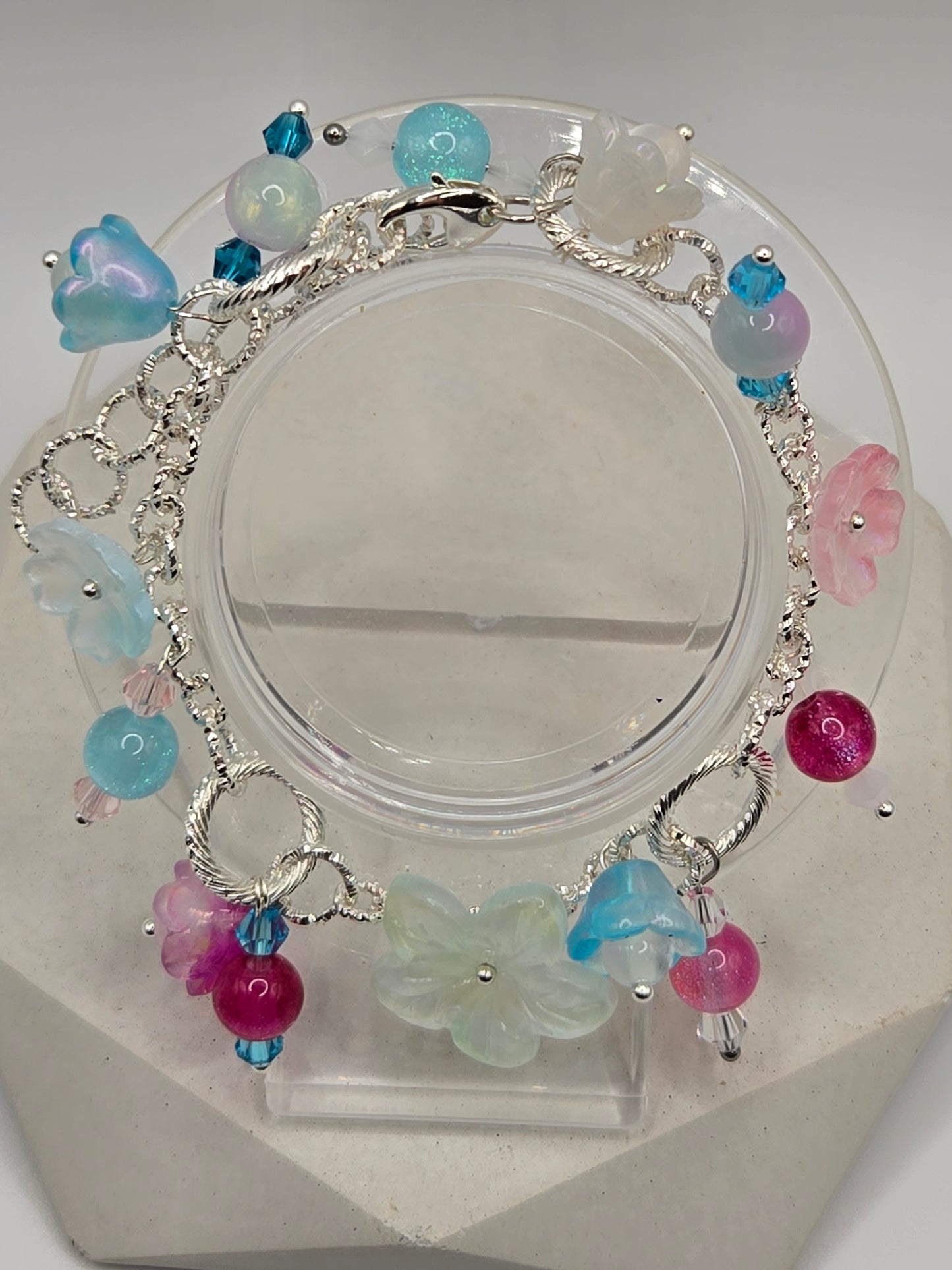 Fun Glass Dangle Flower Bracelet with Silver-Tone Chain
