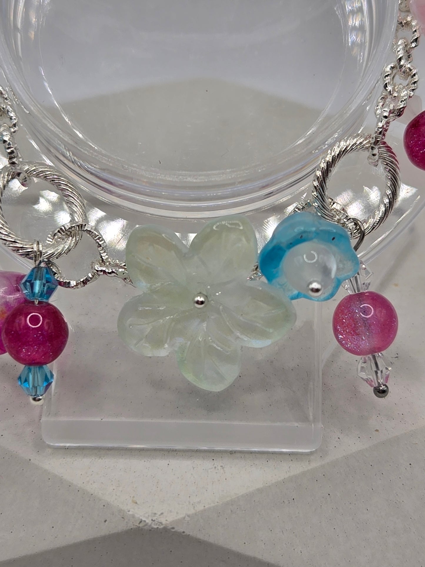 Fun Glass Dangle Flower Bracelet with Silver-Tone Chain