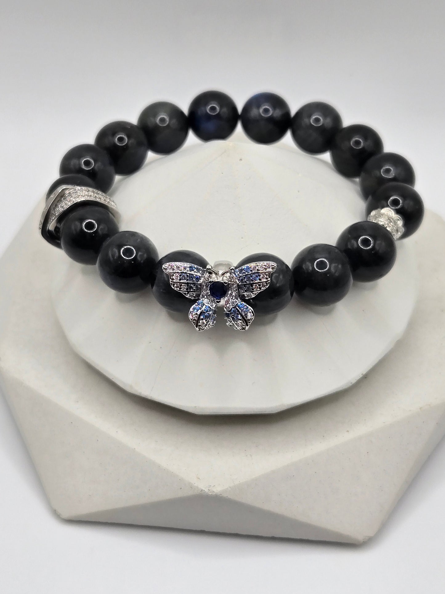 High-Quality Black Moonstone Bracelet with Silver-Tone Crystal Butterfly Charm