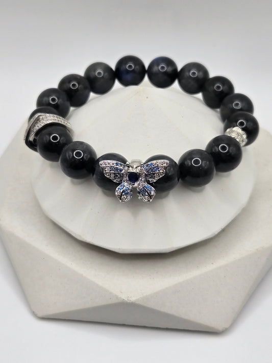 High-Quality Black Moonstone Bracelet with Silver-Tone Crystal Butterfly Charm