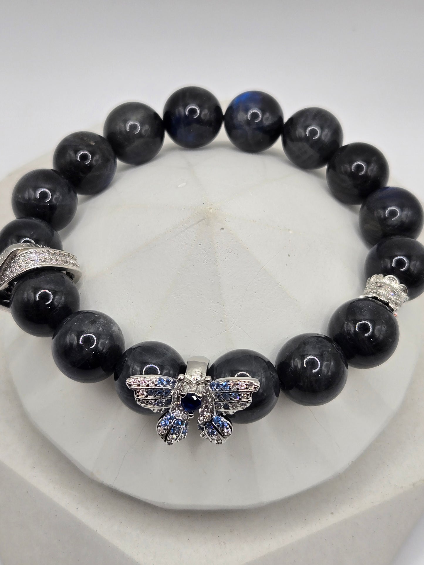 High-Quality Black Moonstone Bracelet with Silver-Tone Crystal Butterfly Charm