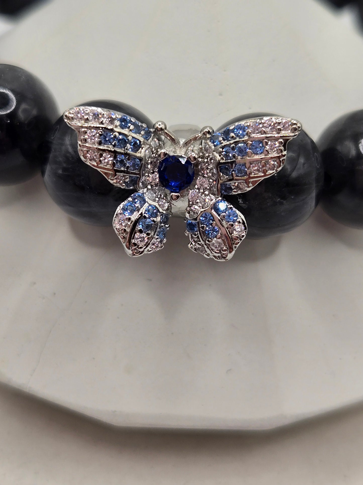 High-Quality Black Moonstone Bracelet with Silver-Tone Crystal Butterfly Charm