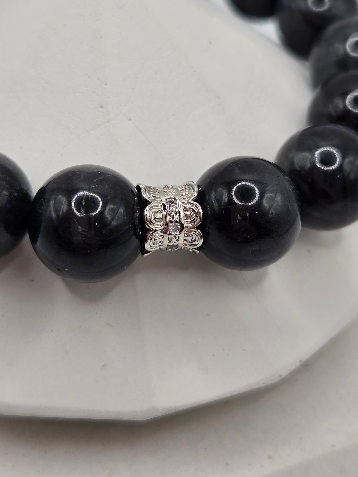 High-Quality Black Moonstone Bracelet with Silver-Tone Crystal Butterfly Charm