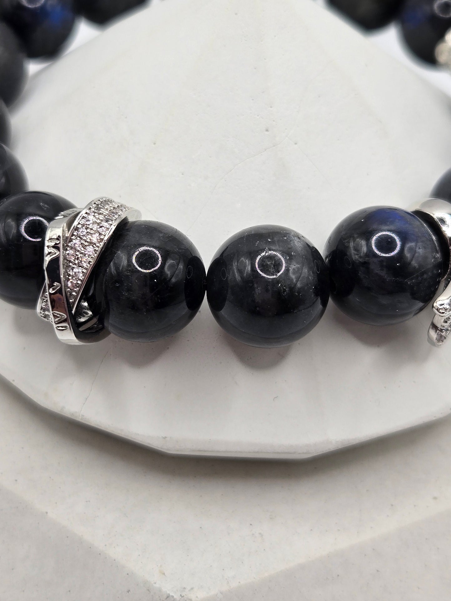 High-Quality Black Moonstone Bracelet with Silver-Tone Crystal Butterfly Charm