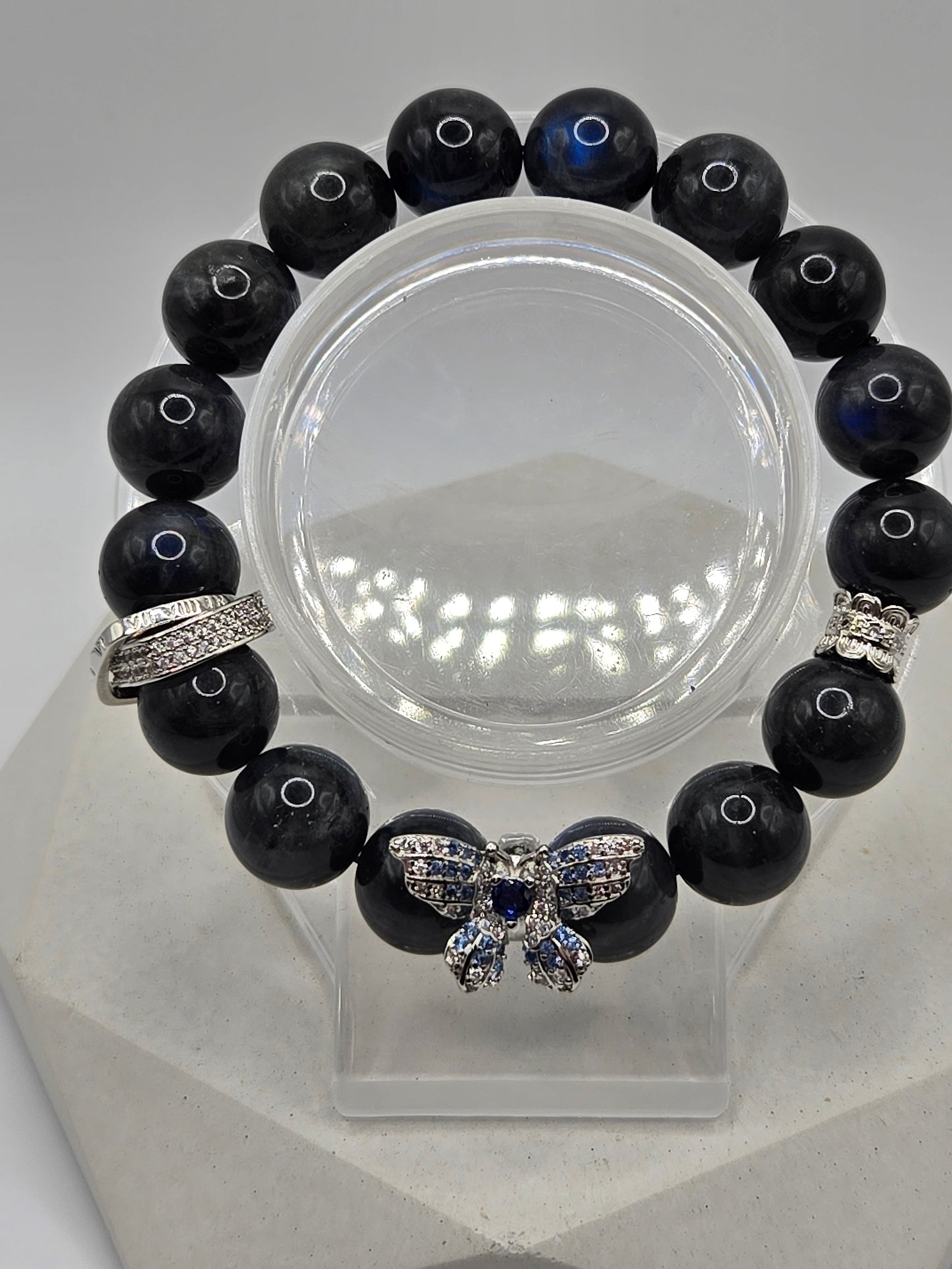 High-Quality Black Moonstone Bracelet with Silver-Tone Crystal Butterfly Charm