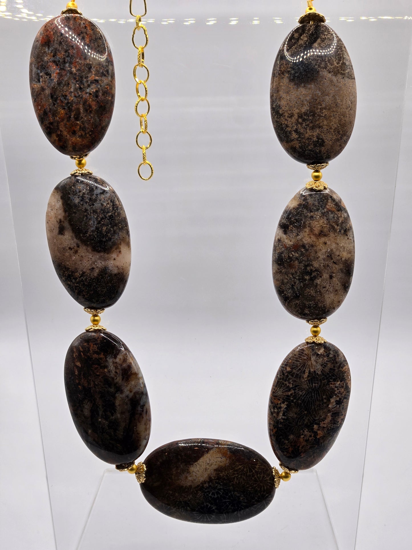 Bold Oval Black Flower Agate Necklace and Bracelet Set