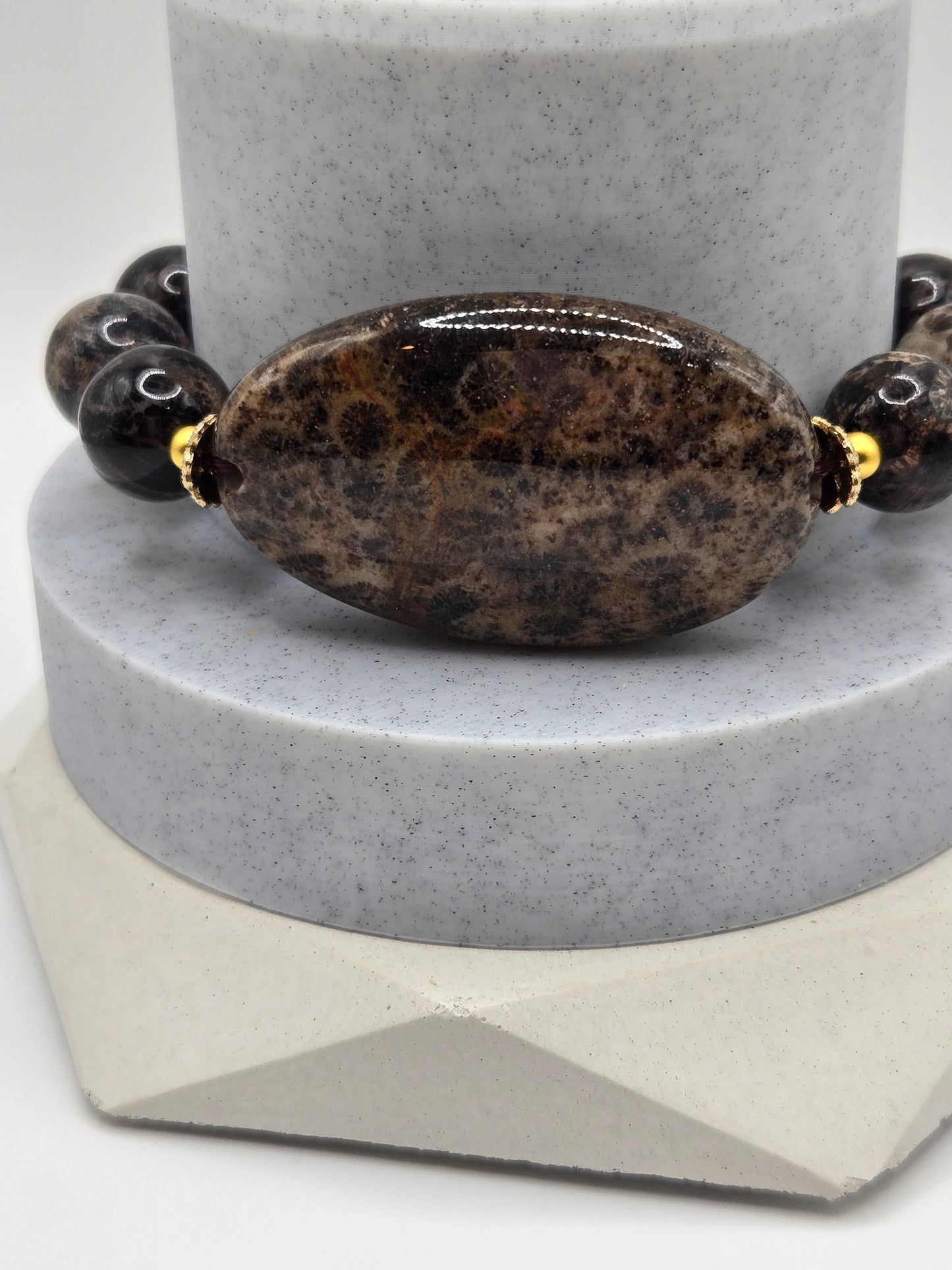 Bold Oval Black Flower Agate Necklace and Bracelet Set