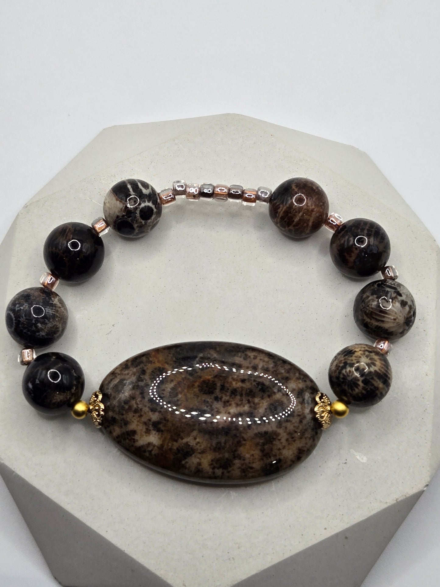 Bold Oval Black Flower Agate Necklace and Bracelet Set