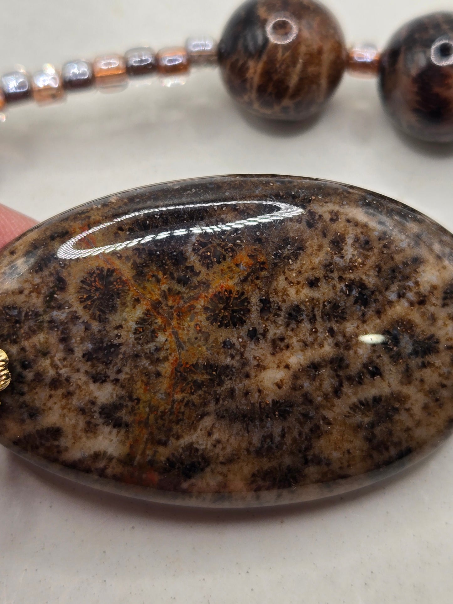 Bold Oval Black Flower Agate Necklace and Bracelet Set