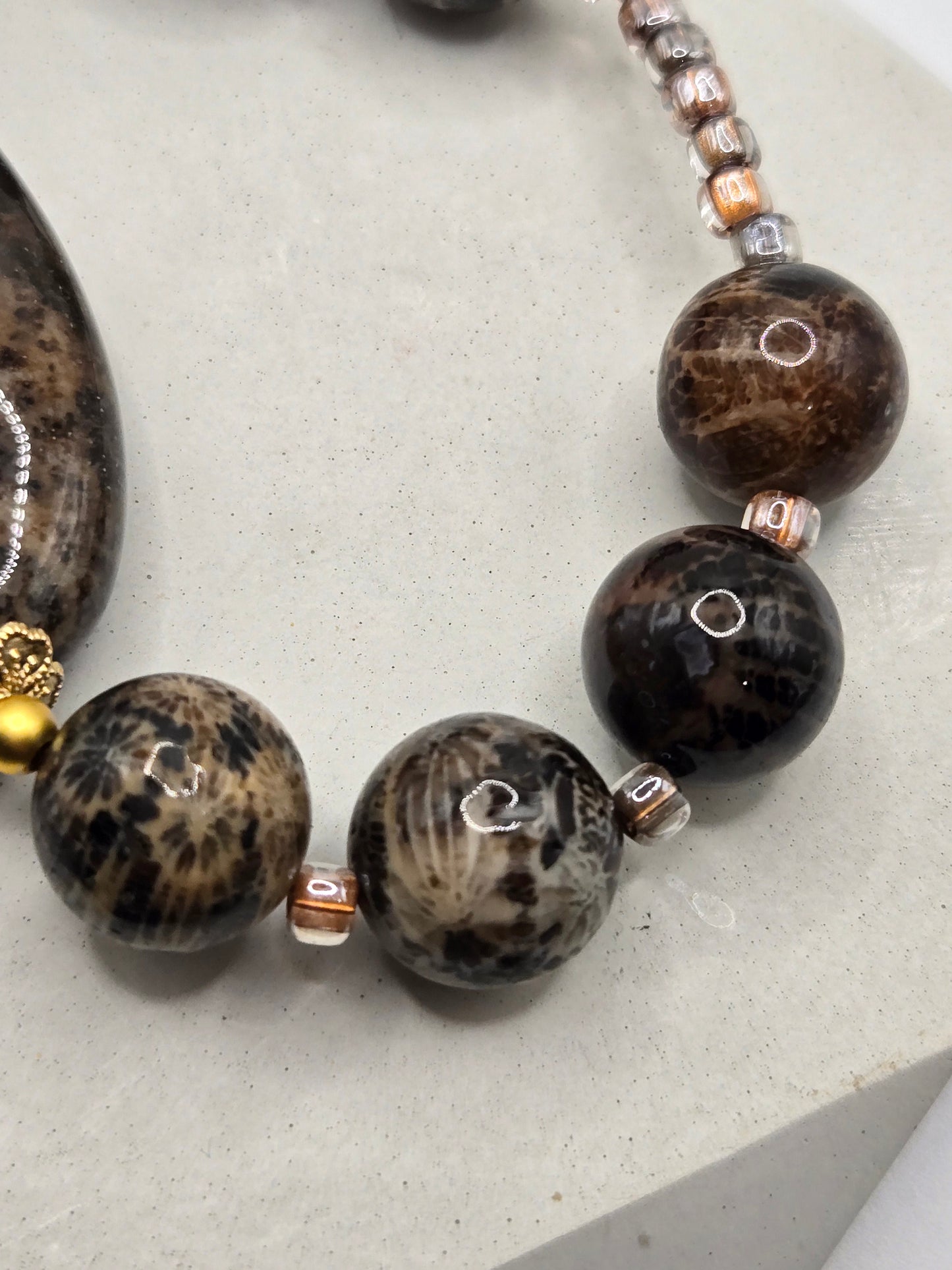 Bold Oval Black Flower Agate Necklace and Bracelet Set