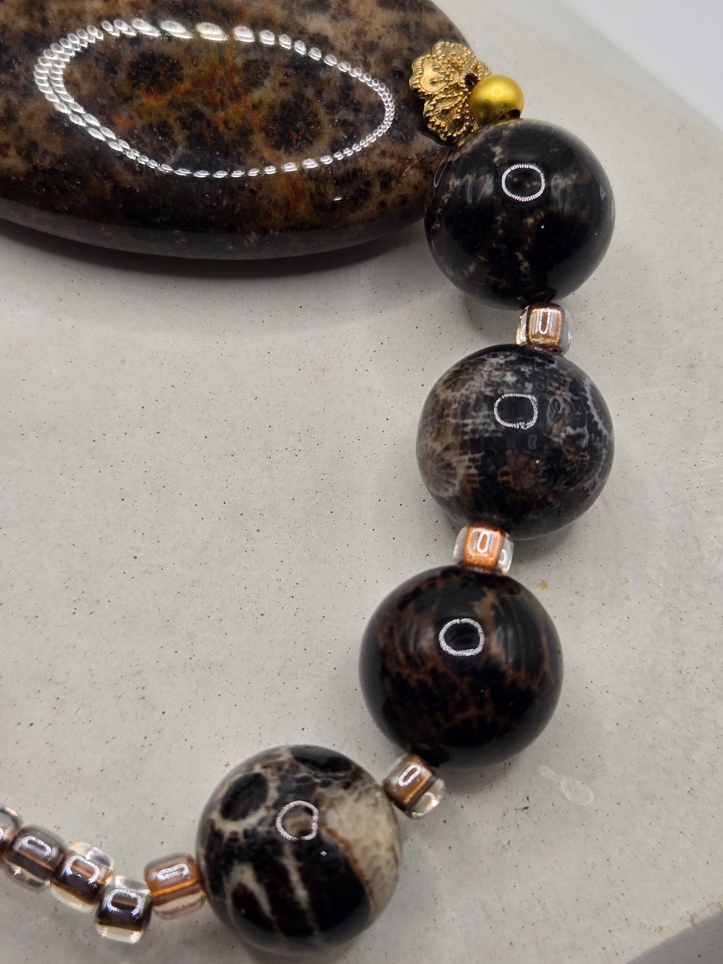 Bold Oval Black Flower Agate Necklace and Bracelet Set