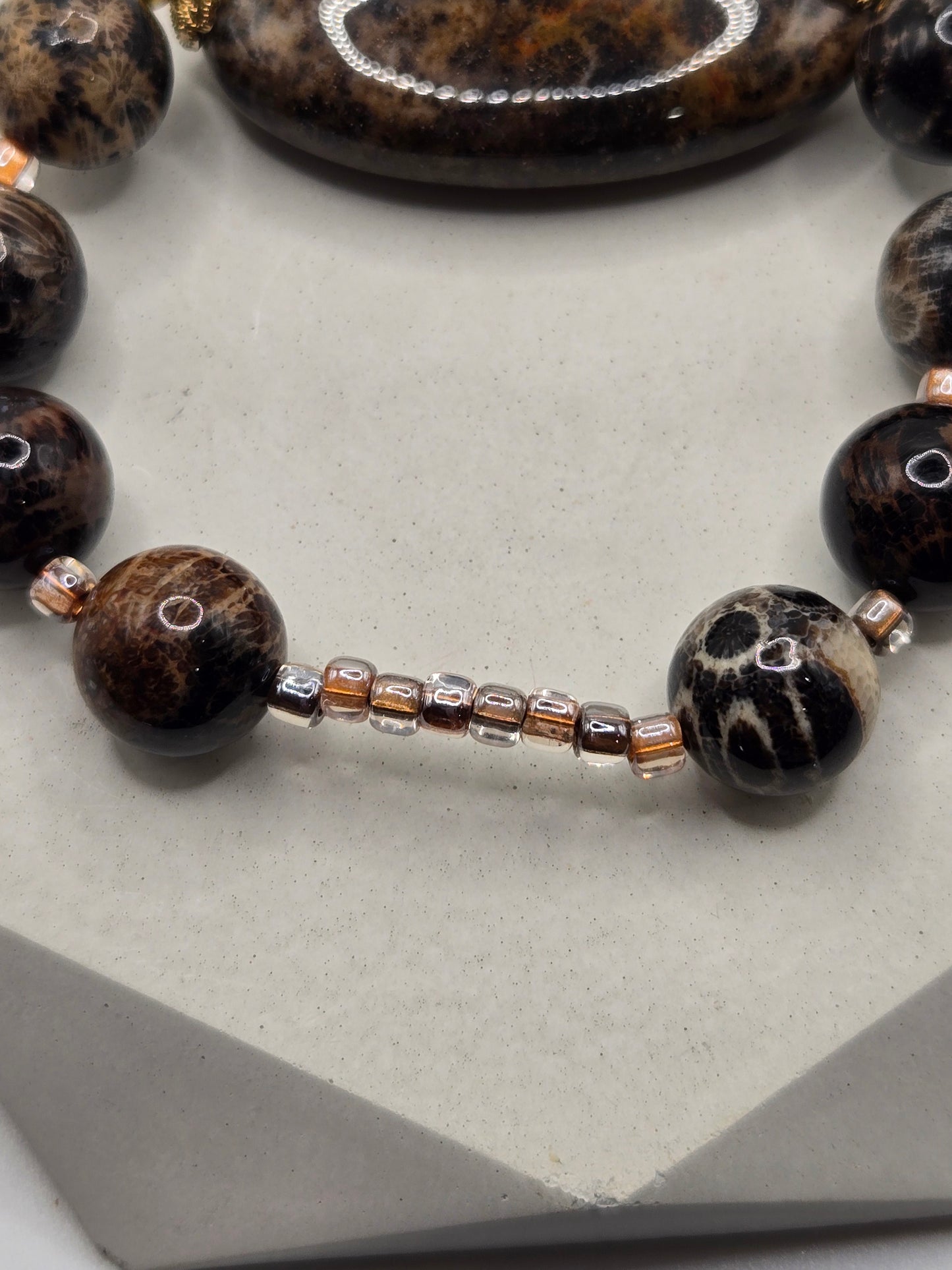 Bold Oval Black Flower Agate Necklace and Bracelet Set