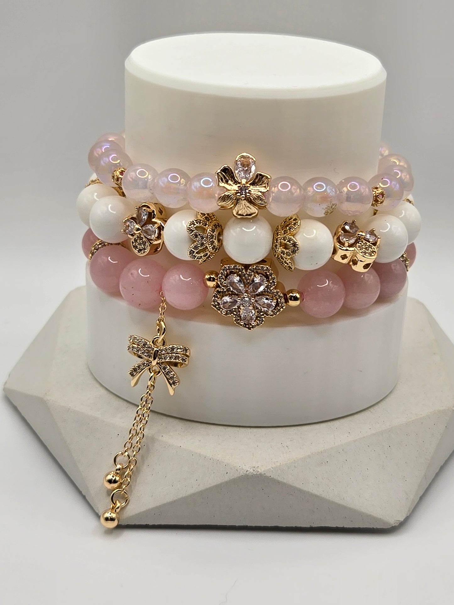Elegant Bracelet Stack: Aura Rose Quartz, White Tridacna &amp; Rose Quartz with Gold-Tone Accents