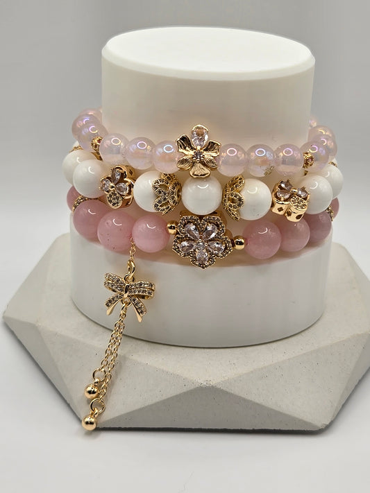 Elegant Bracelet Stack: Aura Rose Quartz, White Tridacna &amp; Rose Quartz with Gold-Tone Accents