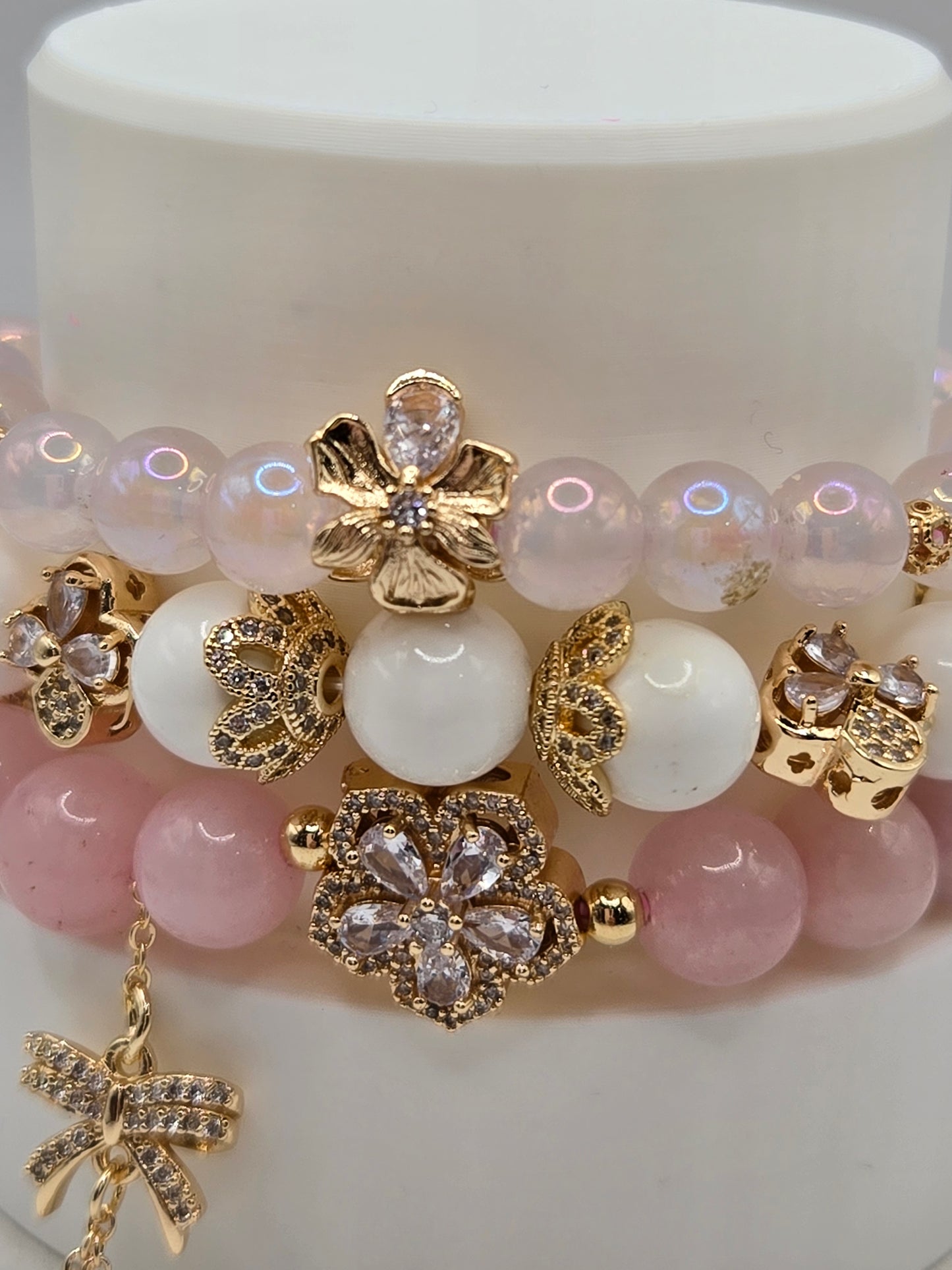 Elegant Bracelet Stack: Aura Rose Quartz, White Tridacna &amp; Rose Quartz with Gold-Tone Accents