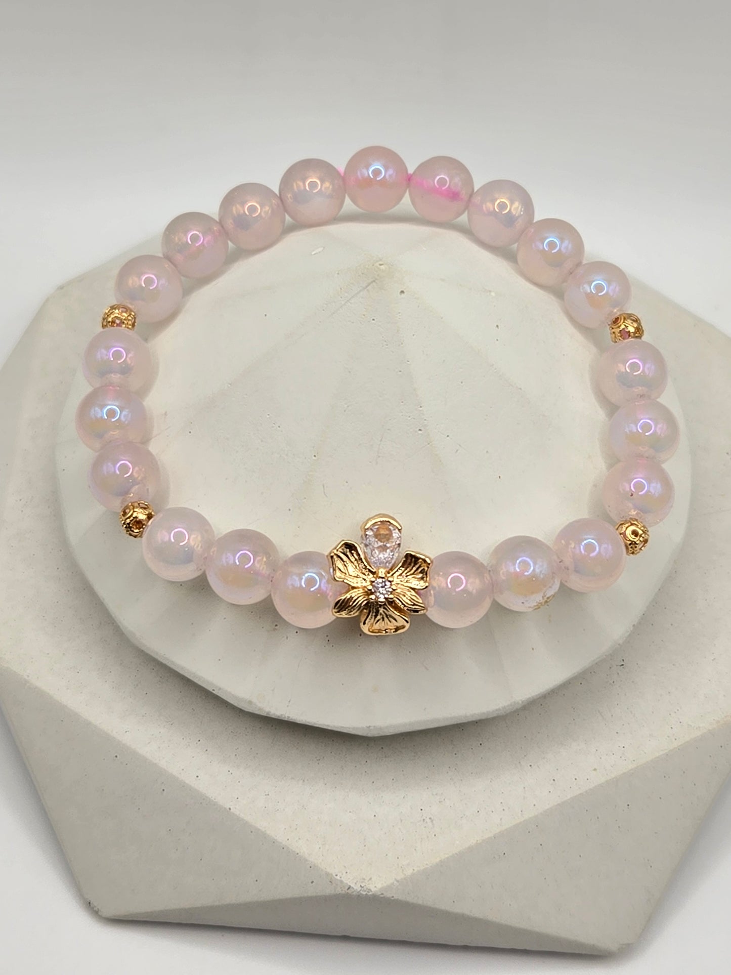 Elegant Bracelet Stack: Aura Rose Quartz, White Tridacna &amp; Rose Quartz with Gold-Tone Accents