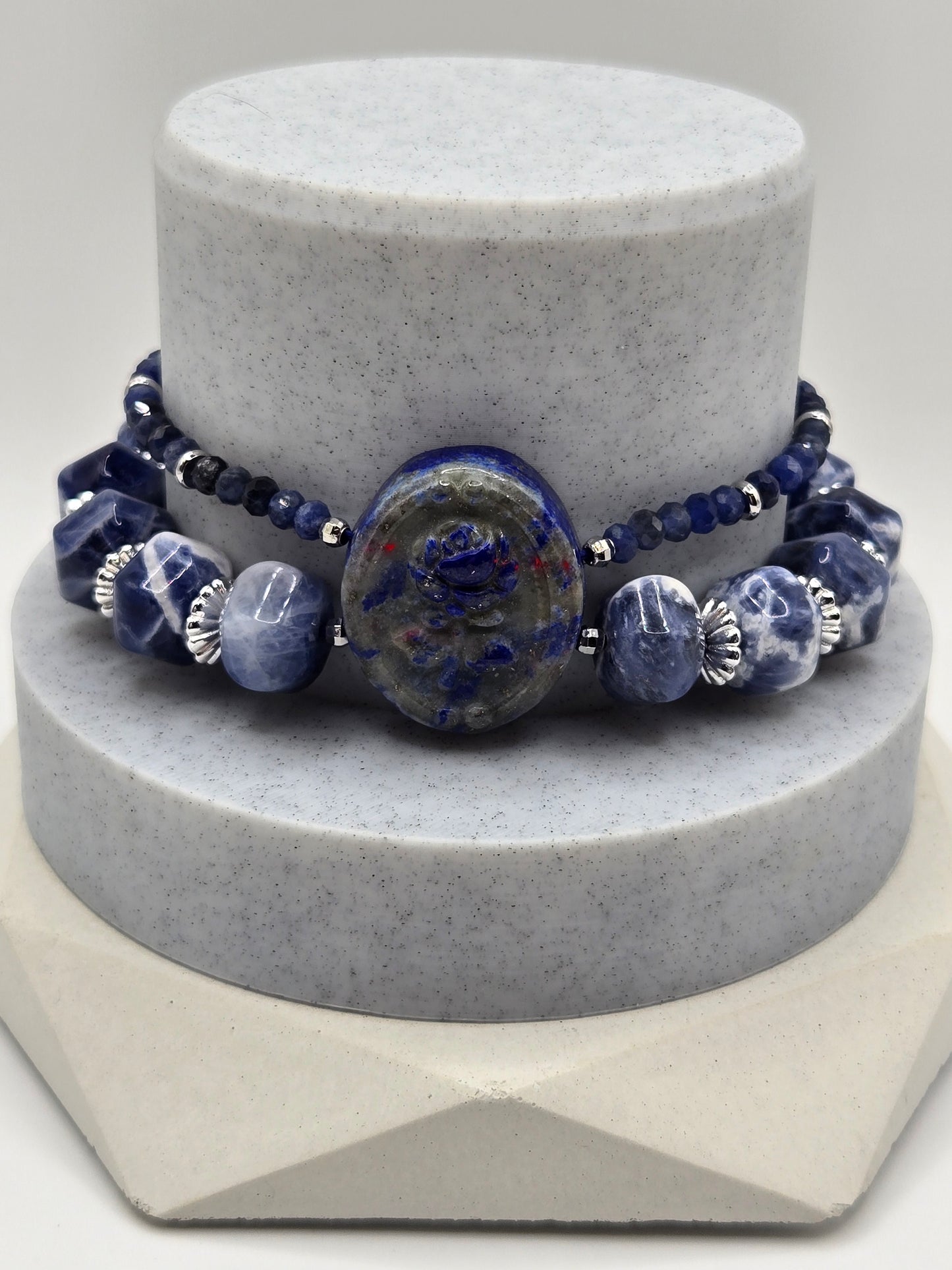 Double Row Sodalite Bracelet with Carved Lapis Rose Center