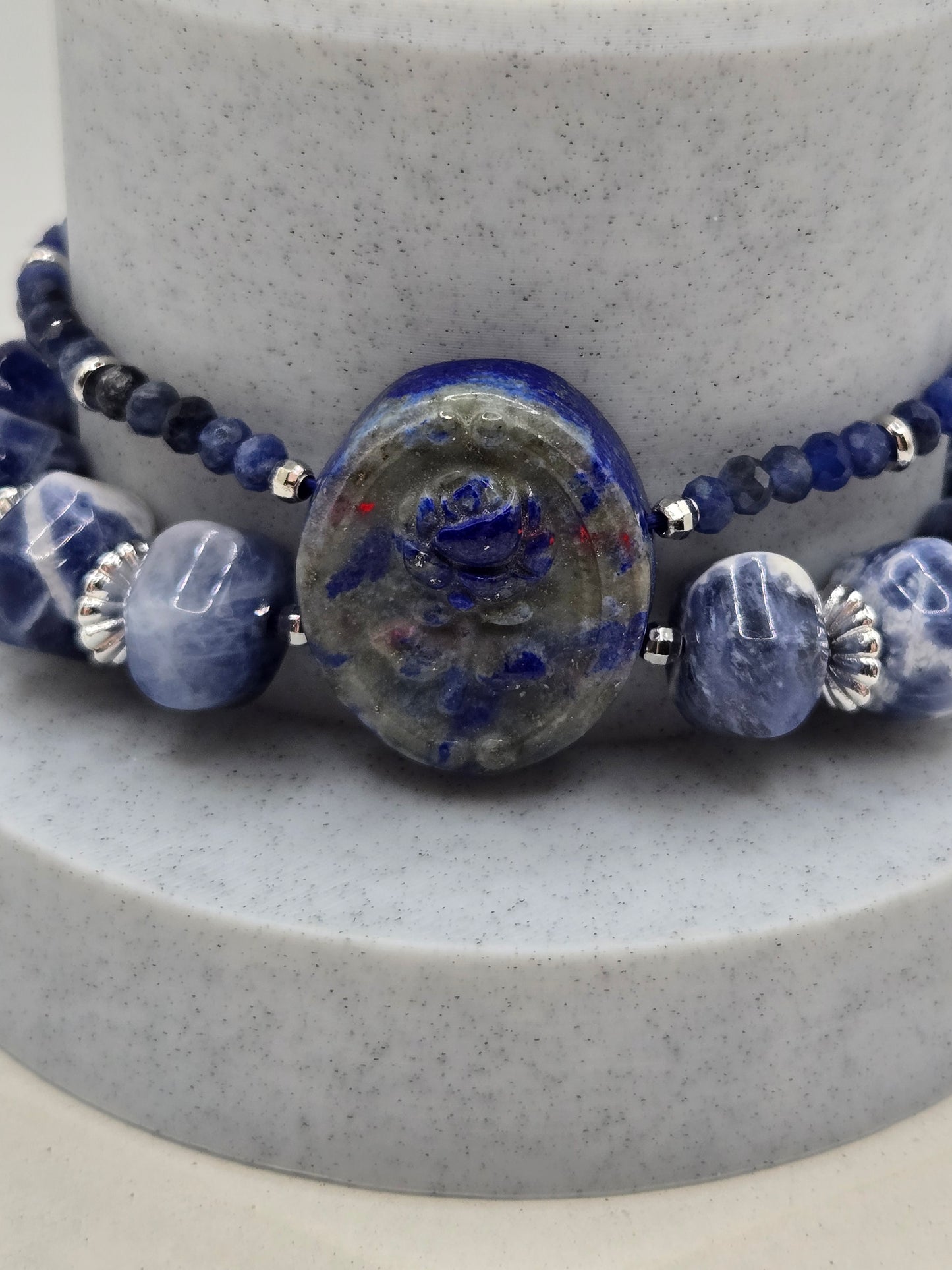 Double Row Sodalite Bracelet with Carved Lapis Rose Center